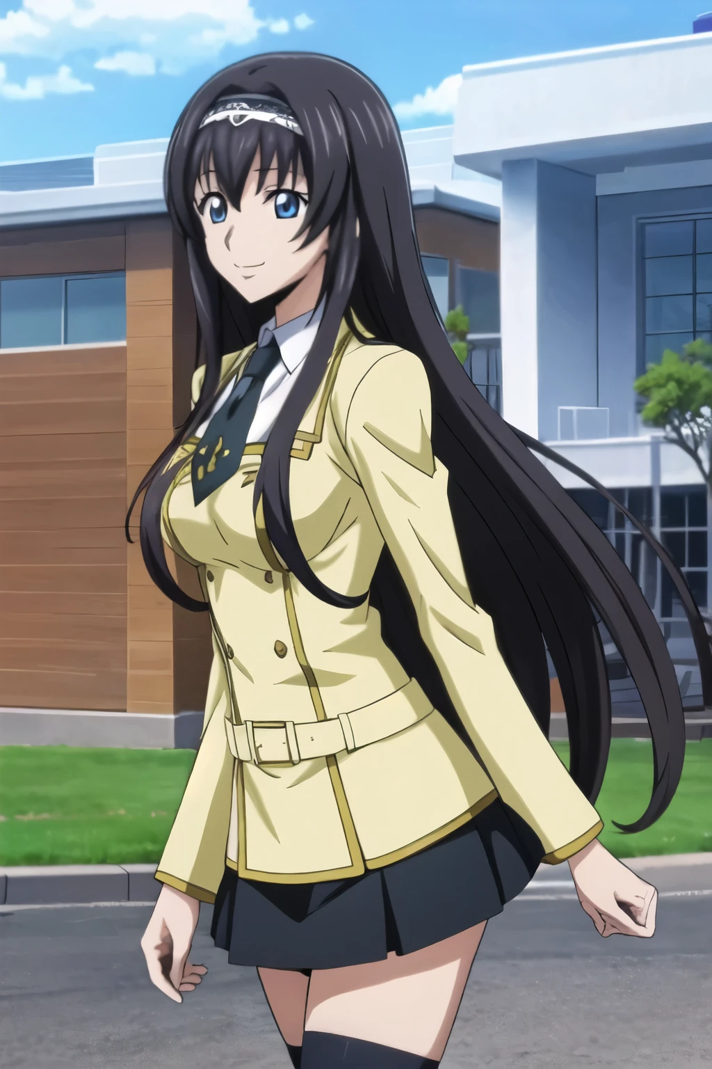 from side, 1 girl, beautiful eyes, black hair, long hair, hair band, smile, walking, school uniform, festival, surrounded by a large number of students, drinking juice through a straw, blue sky, skirt, black socks, (Anime style, masterpiece, best quality , High Resolution , anime color , Anime style, sharp, 8k, realistic), beautiful eyes, digital animation art!!, anime style, Official Artwork , visual novel CG,