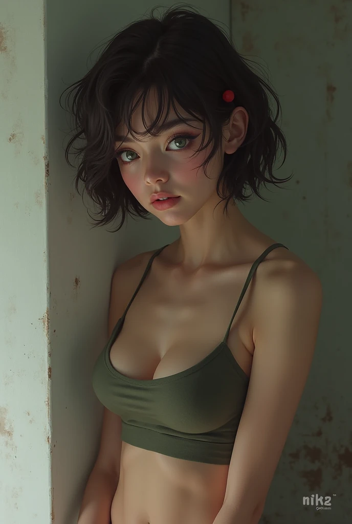 ((Best quality, 8k, Masterpiece :1.3)), 1gadis, Beautiful woman with a slim stomach that stands out :1.3, (gaya rambut acak :1.2), Oversized tank top :1.2, Very detailed face, Detailed eyes, double eyelids, armpit