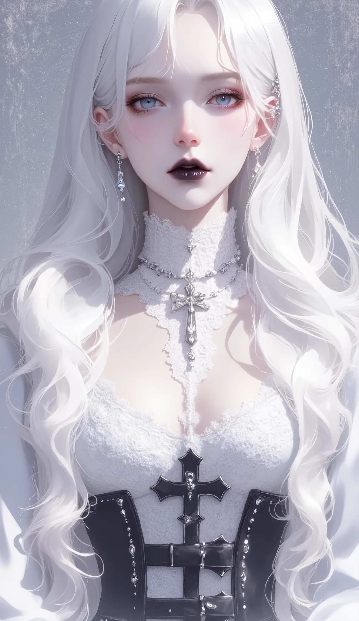 This is extremely detailed , digital illustration of a young woman wearing a provocative nun costume , black cross drawn on plump lips , Photorealistic Style. The subject is a light-skinned woman with a pale complexion , length, characterized by wavy black hair peeking out in . she's eye-catching , almond-shaped eyes , full, in is displayed 。 dark eyeliner in soft pink . her makeup is dramatic , Apply 、Applied mascara with a striking red hue , in、 rose-colored blush on her cheeks .
She is white, Lace ornament, x} black leather corset that accentuates large breasts , conspicuous . コルセットは複雑なレースのディテール in is displayed 黒と白の尼僧の習慣の下から大きな , with ornate cross pendant 。. white head scarf , super realistic , covers the head 、 there's no way to completely hide hair .