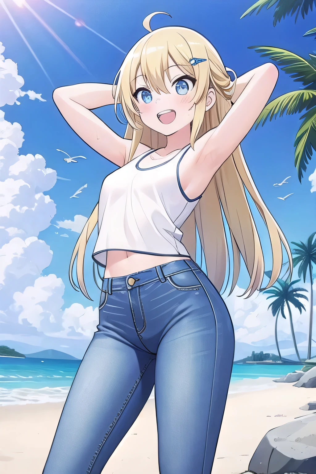 pixar style film cover called pixar. a 32-year-old white woman, long and wavy hair, She has big lips and a mole on her chin. She wears a blue sweatshirt and a small gold necklace with a very small cross. She likes BBQ and beer and is having a birthday, wear short tight shirt:0.2 , wear shorts skirt:0.3, huge breasts, show bottom breasts