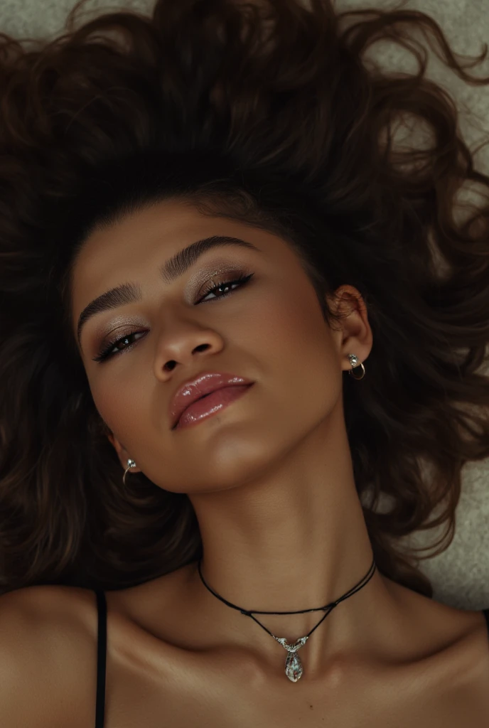 Ariana Grande laying in bed wearing her outfit in her “7 Rings” music video. She has a high ponytail, large hoop earrings, and high heels on. She has cum all over her face.