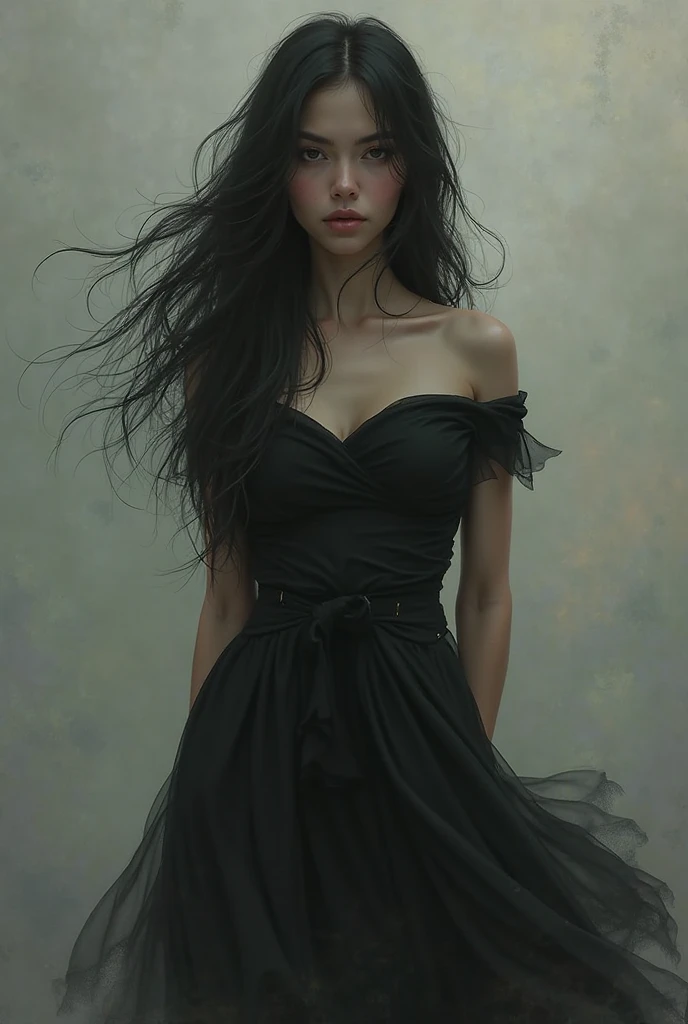 Woman with long waist hair and jet black eyes.Black dress with wide neckline without open back on the hips that reflects her thighs when walking. Lustful look that invites you to sin.