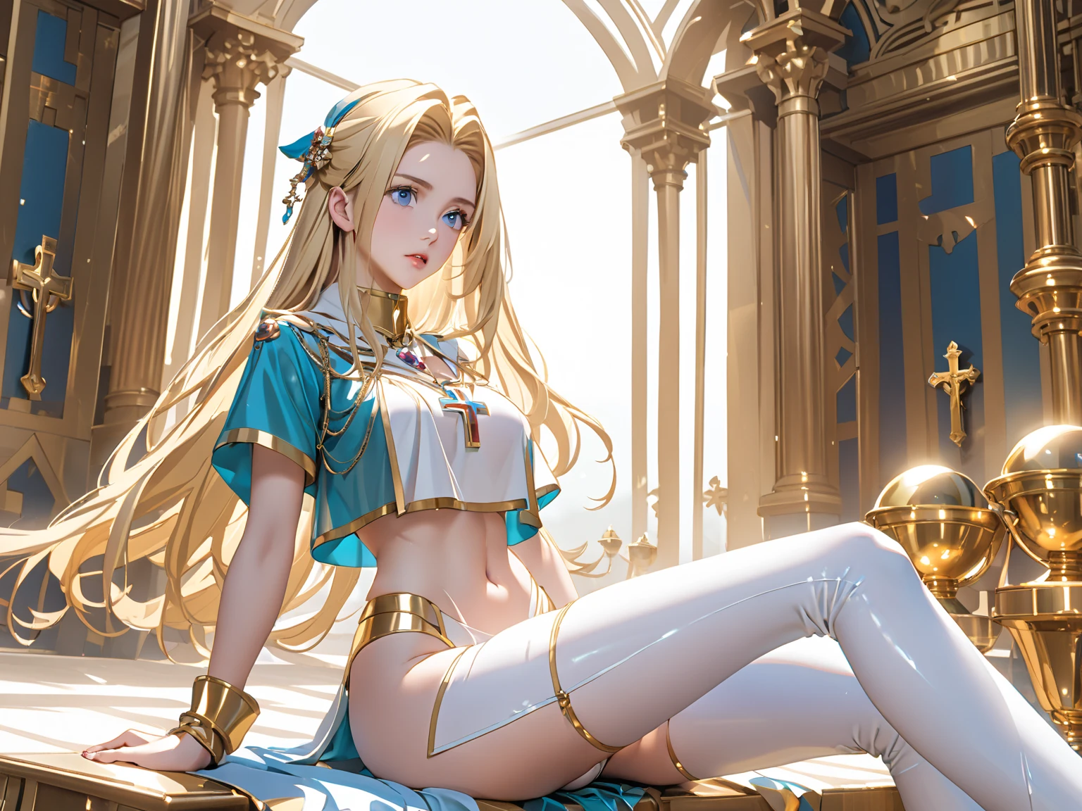 solo, Long Hair, Gaze, Blonde, blue eyes, とてもLong Hair, earphone, Feet out of frame, Large Breasts, Earrings, 