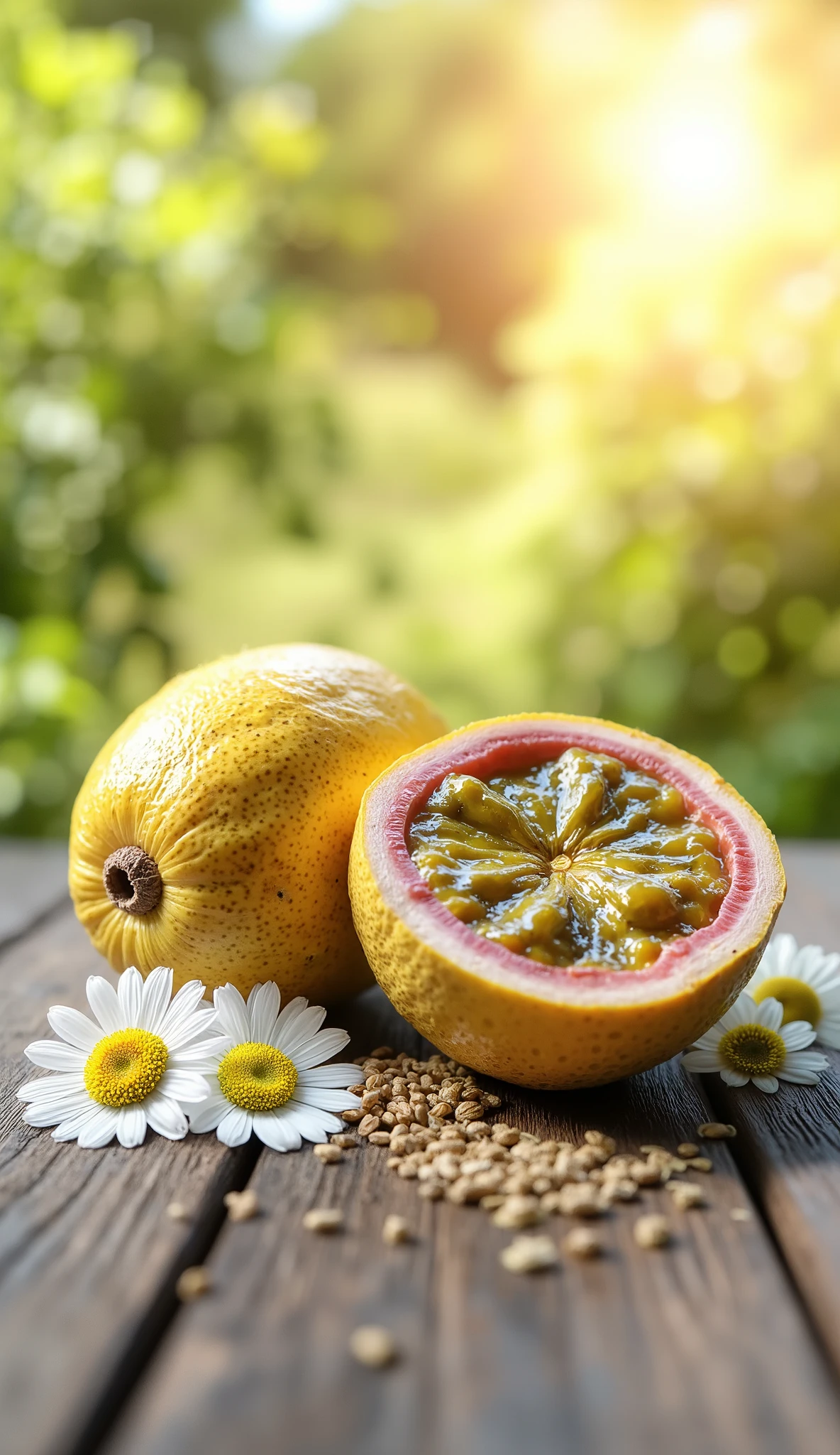 A harmonious and vibrant composition of natural ingredients: a bright yellow passion fruit, with slightly wrinkled skin, cut in half to reveal a juicy pulp of intense golden hue, filled with small well-defined black seeds. around, delicate chamomile flowers with white petals and centers vibrant yellows, bringing a sense of warmth and relaxation. Small fennel seeds, with an elongated shape, pointed and slightly greenish, scattered gently on a rustic wooden surface. The background has an ethereal effect with soft tones of gold and light green, evoking tranquility and well-being. The lighting is soft and natural, highlighting the botanical details and textures of the plants. The setting conveys a sense of calm and warmth, suggesting the preparation of a tea to alleviate anxiety and promote deep sleep restorative.