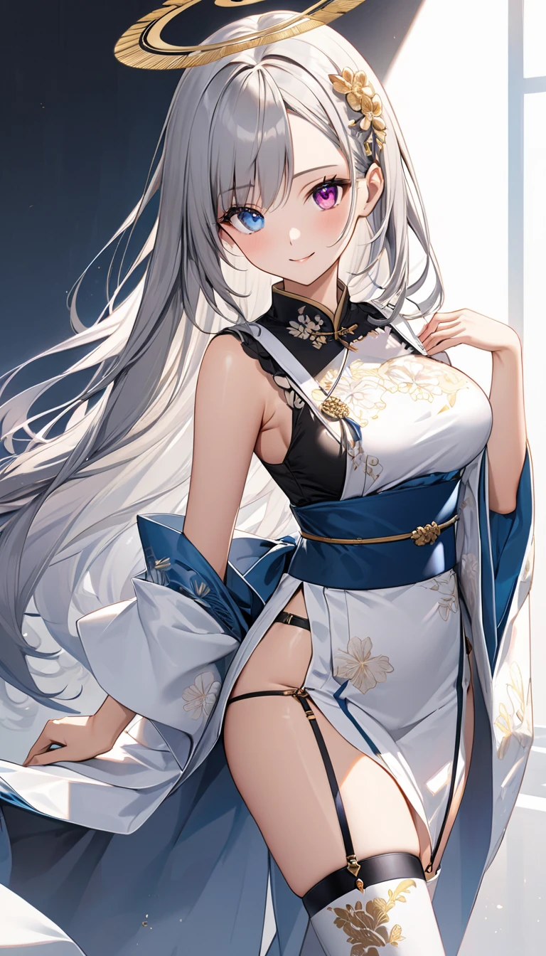 （Enrich the picture，Masterpiece level quality）Beautiful 8K CG artwork，Goddess-like posture，Kneeling exercise，Slim and soft，Translucent skin，White hair、The beauty of extra-long hair, Super Long Straight Hair，The skin is fair and juicy，Underwear uniforms，Perspective Part 1.2x enhanced silhouette effect，Exquisite transparent blues pattern in pajamas，The details are intricate and exquisite，The background is slightly blurred，Charming and lustful leg seduction，Drool，Extra-large big breasts，Blush，Japan goddess，Perfect body slim curves，