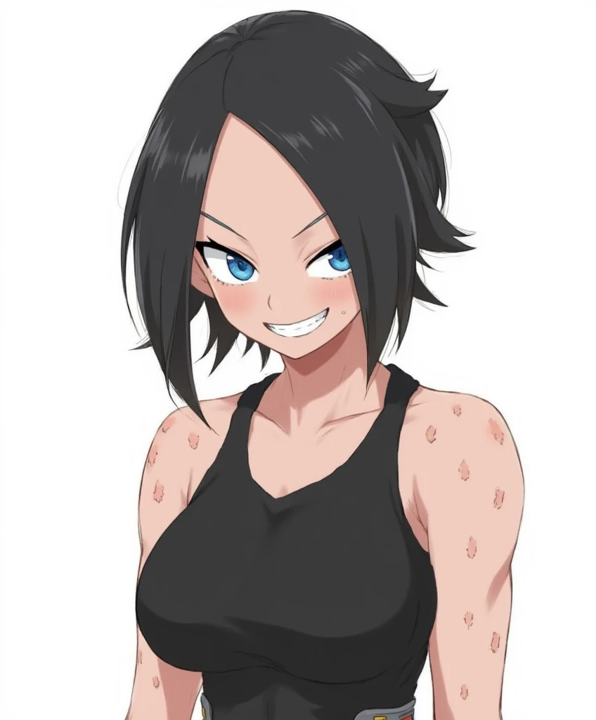 masterpiece, best quality, looking at viewer, upper body, portrait, looking at viewer, seductive smile, put your hands behind your head, armpits, armpits visible, sweaty armpits, hinata sakaguchi, very large breasts, black hair, short hair, wearing tanktop, no bra,