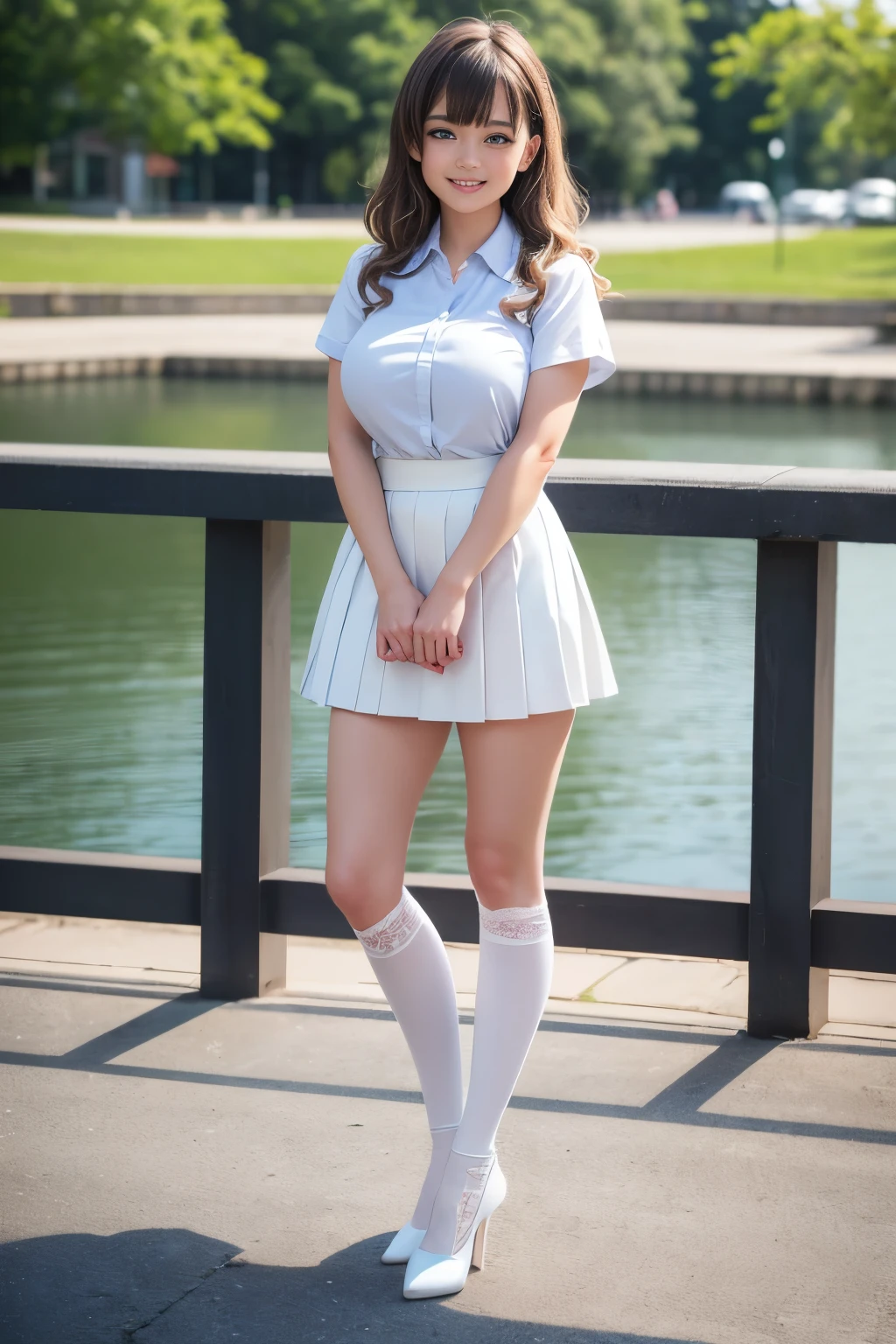 Best quality, full body focus, full body shot, perfect face, soft light, ultra high res, 8k, Masterpiece, , , view the viewer, full body , Front view, (1girl:li:0.9), , Cute face, (blue eyes:1.5), (Light Blonde wavy Medium hair, Bangs), beautiful (Big breasts:1.3), , Beautiful boob, Beautiful finger, Beautiful hands, Beautiful arms, Beautiful feet, Beautiful legs, (high resolution detail of human skin texture) , ((white Short sleeves collared shirt, white pleated skirt, knee-high socks, white with lace trim, white pin high heels)), , Summer, lake Side,, , (( standing, , smiling, nose blush) , )) , ,score_9, solo, no bra, no panties, ,