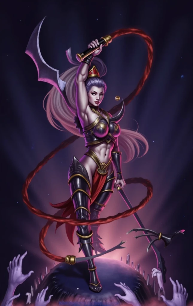 Beautiful mature women, witch, purple clothes, metallic feather design, red highlights, claws in both hands, beautiful,gothic, sharp features, sexy,hazel eyes, long purple-black hair, black skull like crown, beautiful, mature beauty, cold beauty