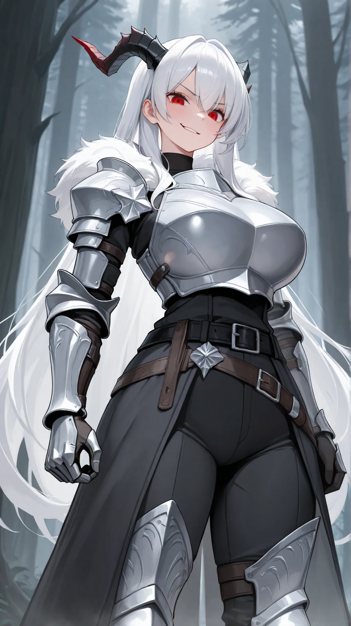 absurdres, (((HD))), (((Ultra High Quality))), ((hyper detailed)), ((detailed eyes)), (((8K))), ((perfect face)), ((masterpiece)), tall, 1girl, smirk, tall, dragon horns, white hair, long hair, red eyes, large breasts, knight, fur trimming, fur collar, black undershirt, shoulder armor, gauntlets, chest armor, black pants, leg armor, combat belt, waist coat, forest background