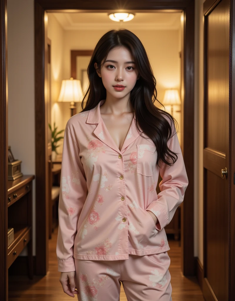 1female (20 years old), long hair, brown hair, blue eyes, pajamas, pink pajamas, standing in front of the window, looking downstairs.