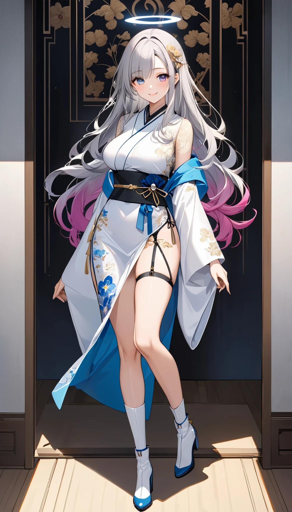 fresh illustration ,
Superfine painting,
Top Quality,
very delicate illustration ,
Very fine details ,
Super detailed drawing ,
beautifully refined,
1girl ,
{full body},
{standing},
Alone,
height 158 cm,
Beige Skin,
{The iris of the right eye is skylight blue and the iris of the left eye is magenta }
{Complete iris heterochromia }
large black pupils ,
beautiful eyes,
super long hair,
shiny hair ,
Gray Hair,
The root of the hair is blue ,
The hair has a gradation
The forehead is half full ,
cute face,
pretty face,
has a small shining halo on the back of the head ,
Lowering the eyebrows,
is smiling,
The upper body is a kimono in kimono ,
Overall white clothes ,
The lower body is in a long Chinese dress with a slit from the waist ,
The color of the belt is black ,
The belt is tastefully embroidered with gold thread ,
fine fabric clothing ,
mega breastsは柔らかそう,
White thong,
garter belt,
stockings,
the thigh strap cuts into the skin ,
white long boots,
There are countless Japanese style ,
thin waist,
Slightly thick thighs ,
Isometric,
golden ratio,
god々 atmosphere,
wearing a blue padded collar ,
white black,
tactical use of shadows ,