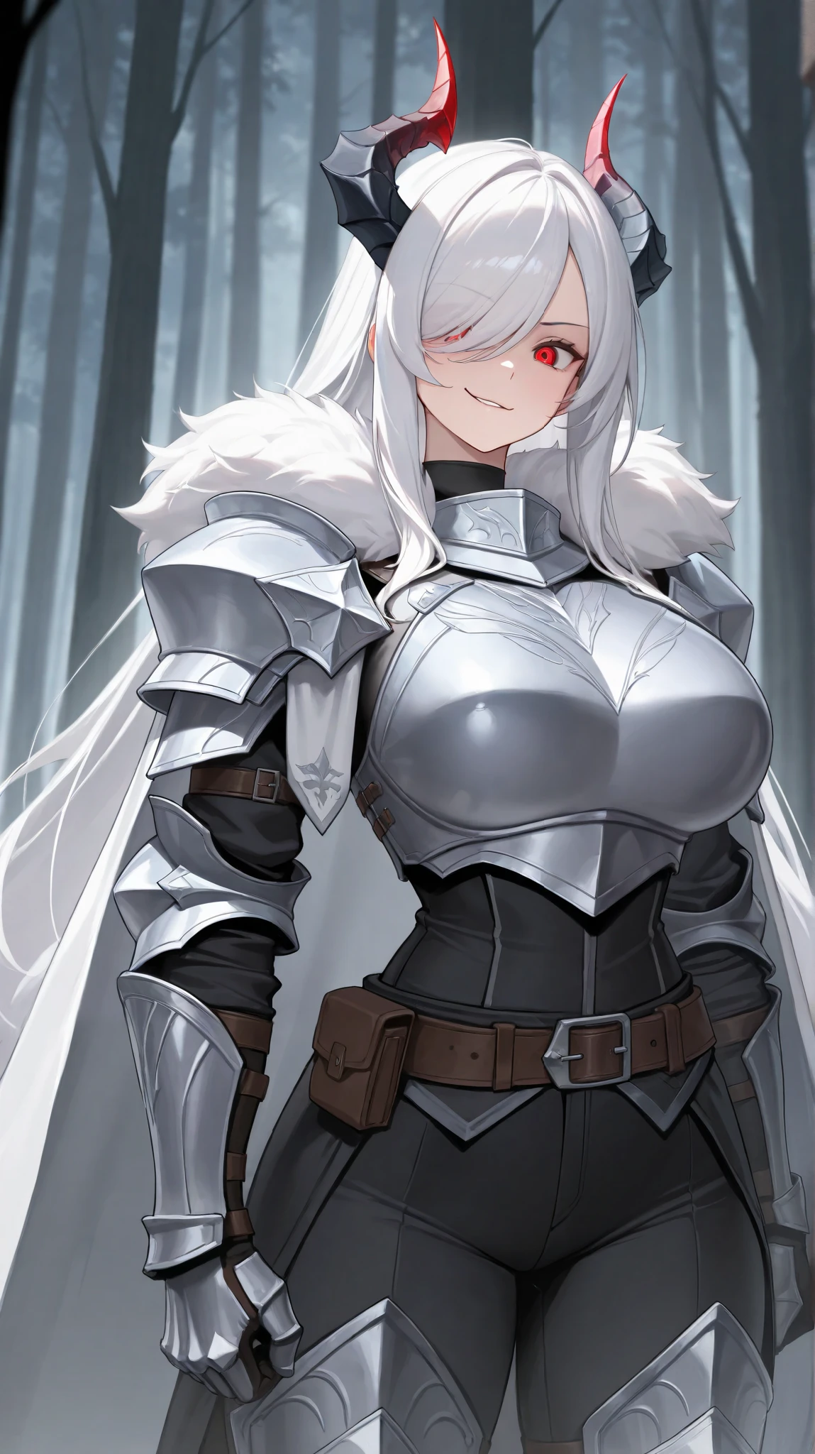 absurdres, (((HD))), (((Ultra High Quality))), ((hyper detailed)), ((detailed eyes)), (((8K))), ((perfect face)), ((masterpiece)), tall, 1girl, smirk, tall, dragon horns, white hair, long hair, swept bangs, hair over one eye, red eyes, large breasts, knight, fur trimming, fur collar, black undershirt, shoulder armor, gauntlets, chest armor, black pants, leg armor, combat belt, waist coat, forest background
