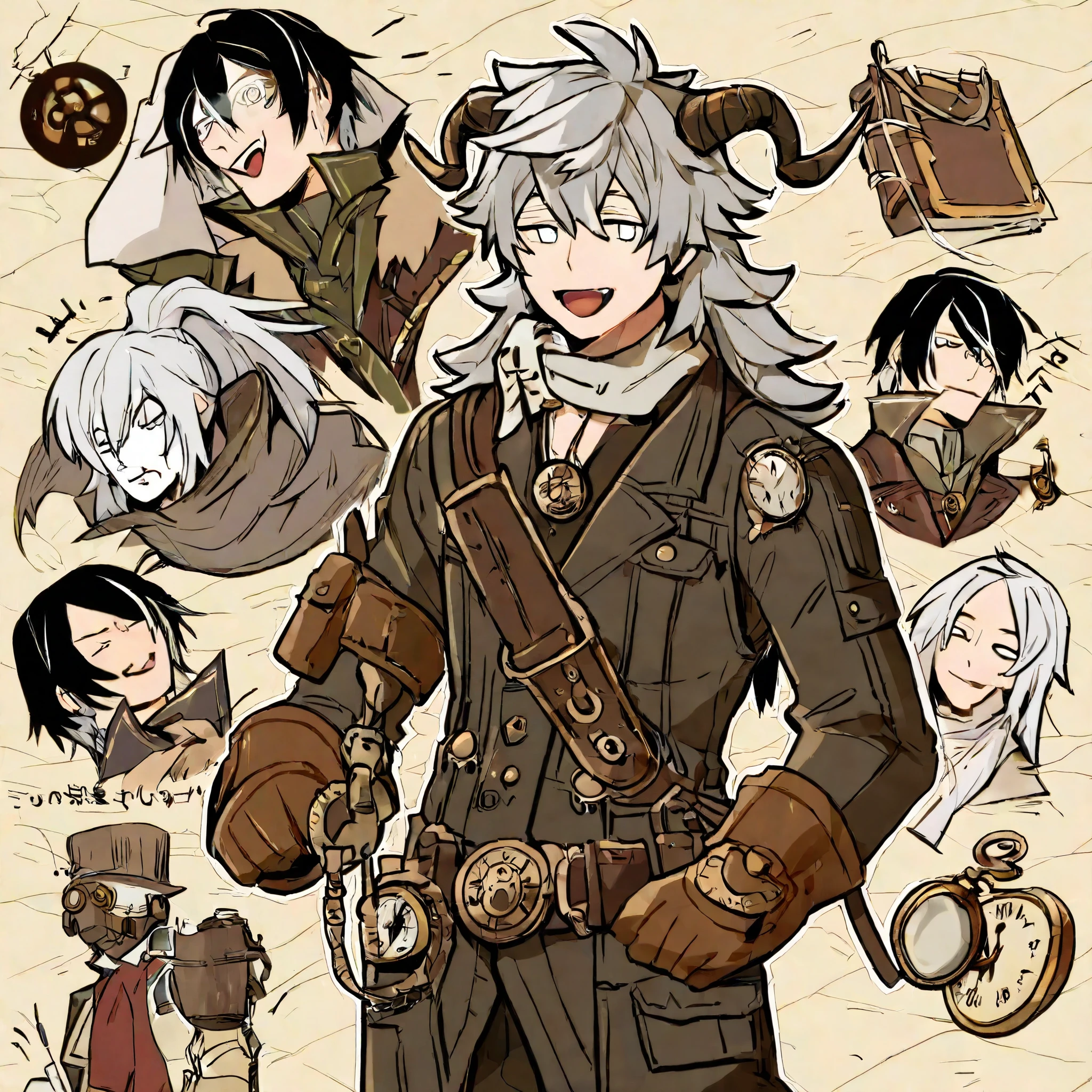 male, I'm wearing a steampunk work suit, steampunk goggles, wolf cut, Gray Hair, long hair, pocket watch, and laugh, unkempt hair, goat horn , Three white eyes, cloth gloves