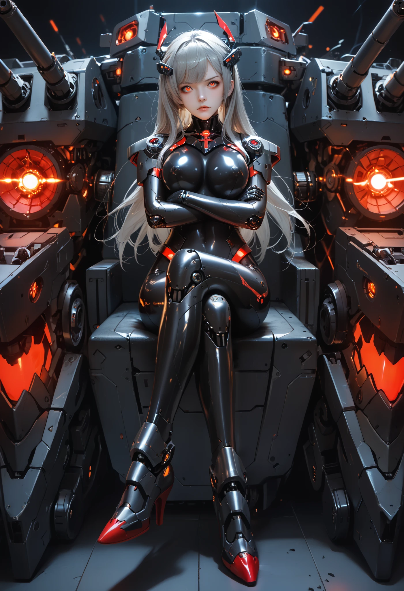 Mechanical Weapon Girl. (Close-up)Full body bodysuit. Latex. Cyber wind. Light armor. A look of contempt. Grey hair. Breasts perky. Glowing red eyes. Glowing core. A mechanical monster in the background. large sharp claws; Mechanical Fang. Red and black machine. Battleship. Sit down. Cross legs. Arms crossed. A swarm of mechanical insects.