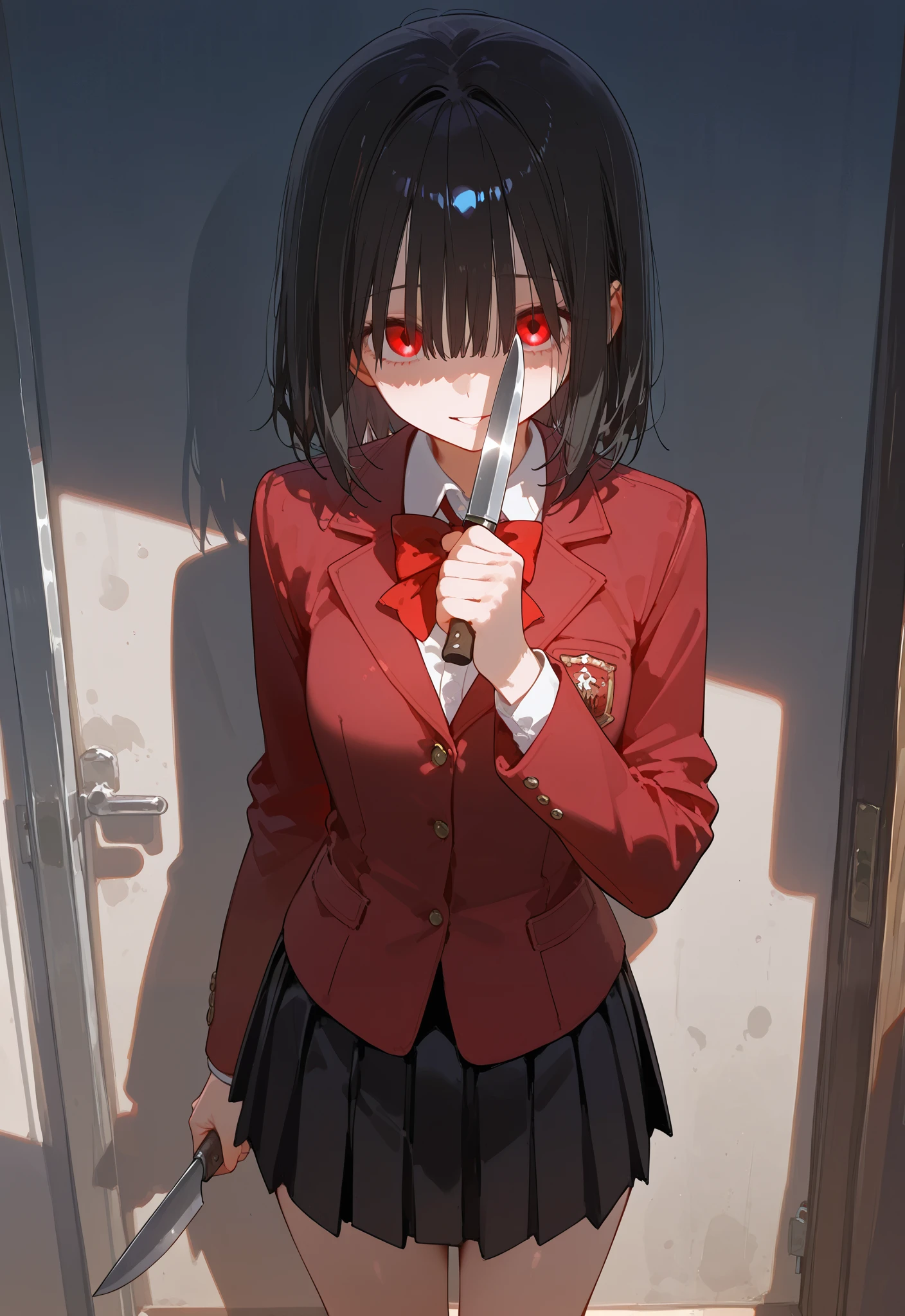 girl, girl, short black hair, ruby red eyes, shadow over eyes, glowing eyes, red school blazer, black skirt, holding knife, yandere
