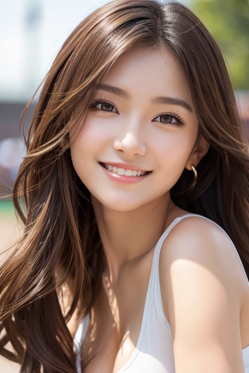 A woman smiling with her face tilted slightly。With long, curly brown hair、Relaxed smile。Shooting on the beach。She's wearing a dress to keep her skin from burning.