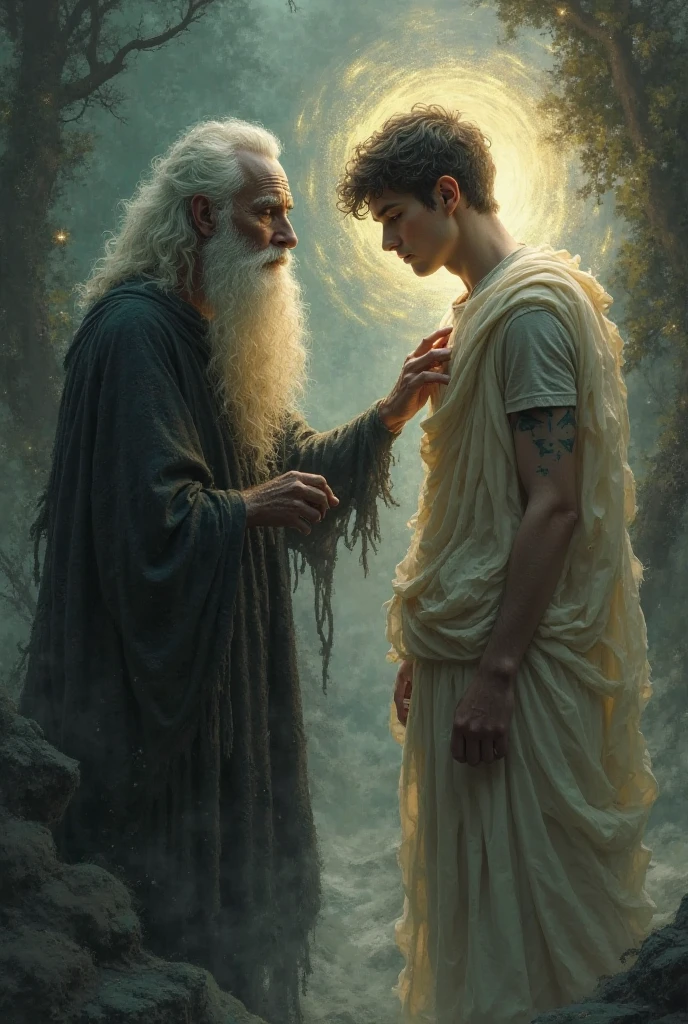 A petty Narcissus near the water watching his reflection but sees a different version of himself sees the other as empathy compassion and sensitivity in a lake surrounded by flowers the reflection shines with feelings unknown to Narcissus