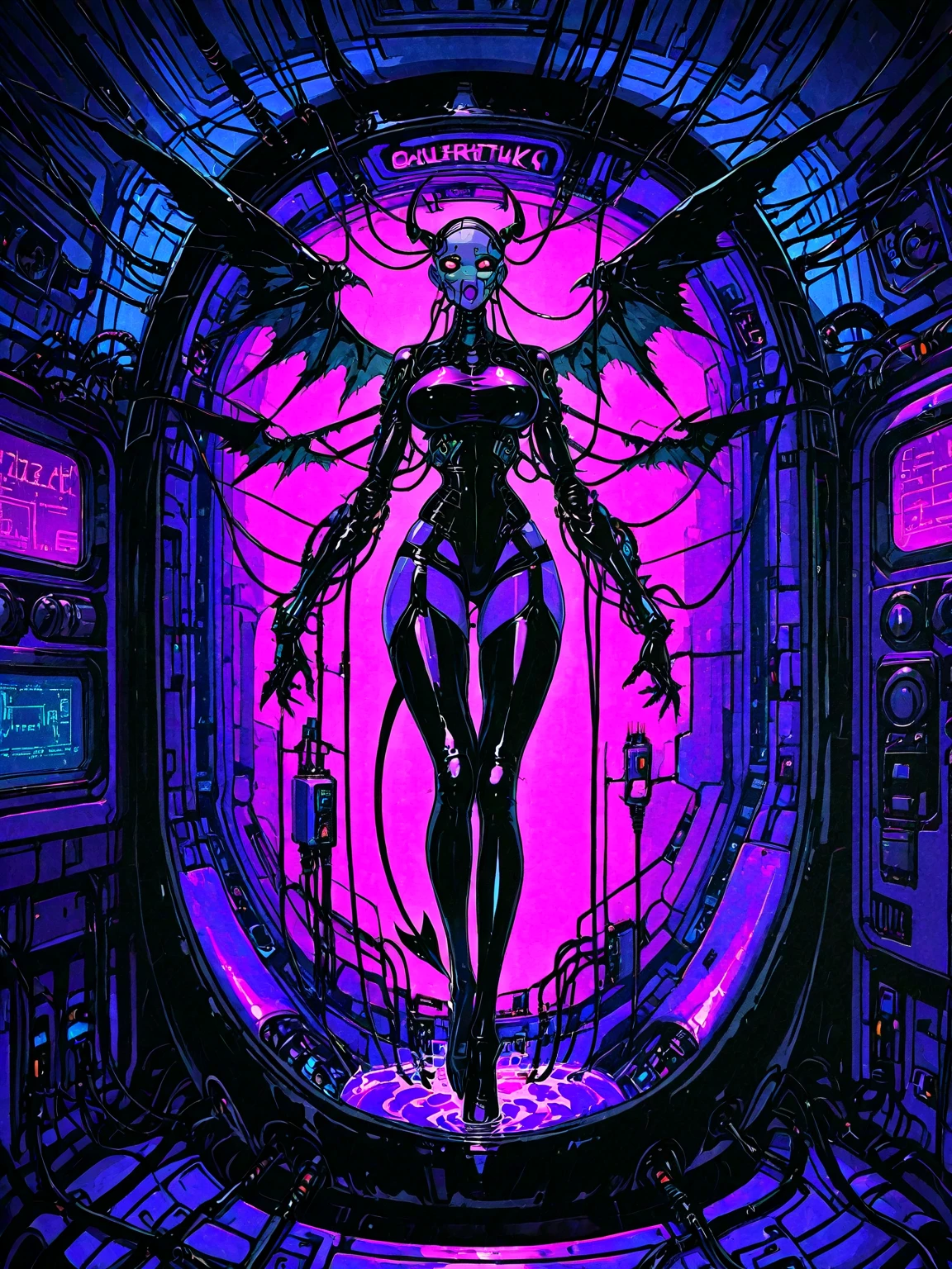 A powerful humanoid figure, a towering faceless entity in a perfect white void, doesn't have a humanoid face, an alien of incredible scale, galactic purple skin, 6 slits across the face pouring with stardust, very long limbs, strange hands with 2 thumbs and 2 fingers on each side, pearly white piercings lining up symmetrical across its abdomen, pearly white and alien jewelry hanging off the sides of its head, bipedal and has two lanky arms, very ethereal form, very prominent (upside-down triangle) mask with 6 slits pouring stardust, large prism shaped head,