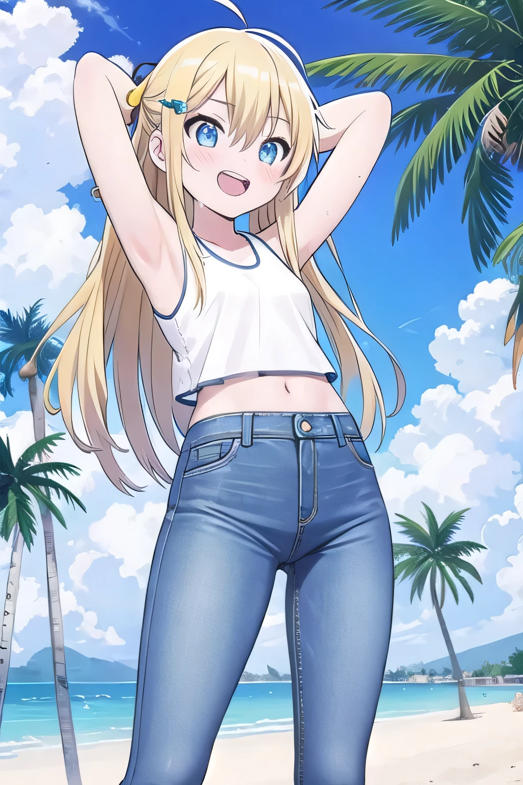 masterpiece,best quality,ultra detail, ((Perfect Face, Perfect Arms, Perfect hands, Perfect Fingers)), 1girl, , peti ((round face, ecstasy, orgasm face, drooping eyes, shame smiling, blush)), dropping eyes, sleepy, Open mouth, ((White teeth)), background((under the beach, (day:1.2), palm tree, bright sky)), miku hatsune, ahoge, aqua eyes, (blonde hair:1.4), crossed bangs, hair between eyes, hair ornament, (long hair:1.4), (messy hair:1.8), ((arms behind head, hands behind head, fingers behind head)), ((contrapposto)), spread armpits, looking at viewer,, (white tank top:1.2), (white crop top:1.2), (jeans pants:1.2, flares jeans:1.2, skinny jeans:1.2, blue jeans:1.2), standing, (legs spread:1.4), sex pose, Sweaty crotch, Steam from the crotch, from below, whole body