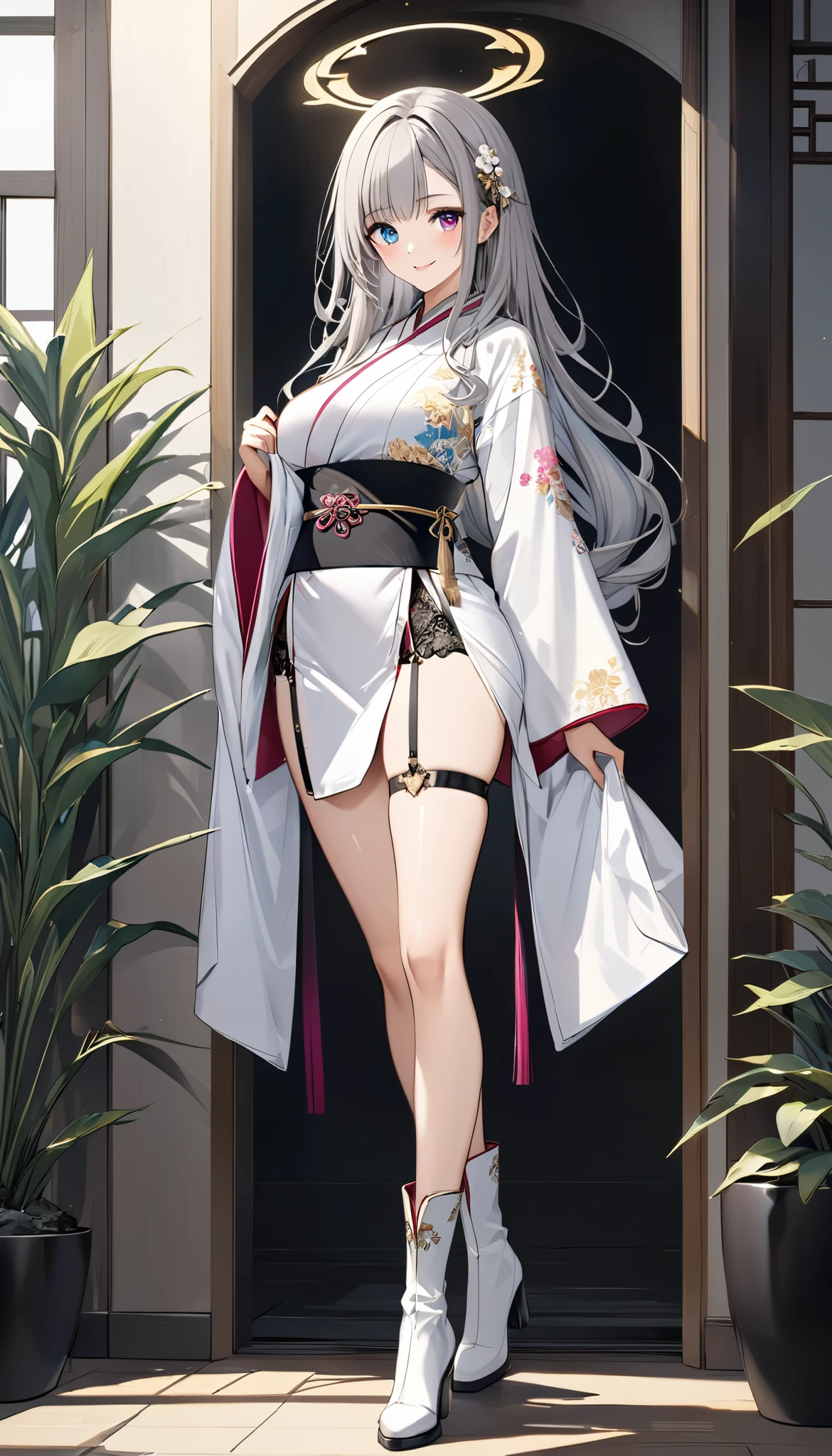 (Highest quality, High resolution, Very detailed), 1 female, Silver Hair, Long Hair, Reddish brown eyes, Japanese yukata costume, lace thong, garter belt, 24th generation, Beautiful woman, mature, quiet, Calm, Large Breasts, A small smile, office,