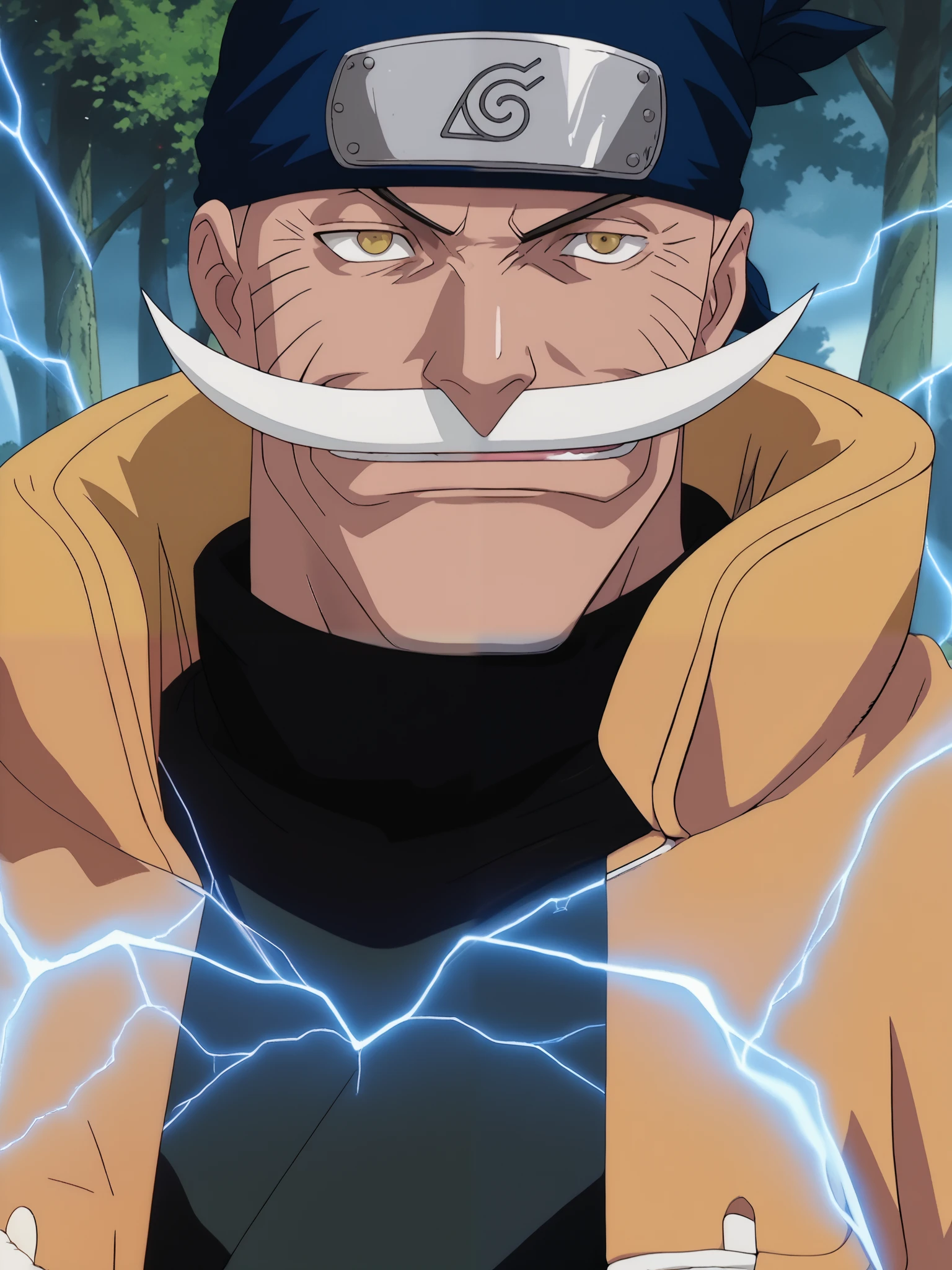 score_9, score_8_up, score_7_up, source_anime, rating_safe, Whitebeard_electricity, lightning, white_Whitebeard_facial hair, smile, black_Whitebeard_head bandana, yellow_Whitebeard_eyes, WhitebeardOP, 1boy, male focus,He wore a circlet on his forehead., wearing a dark green Konoha flak jacket over a black long-sleeve shirt,, , standing in a forest,onepiece naruto anime style, upper body, cowboy shot, anime movie screengrab,