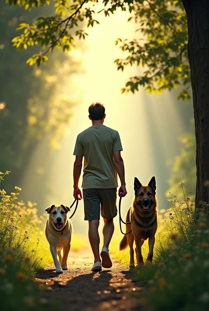 The man was walking with two dogs. 