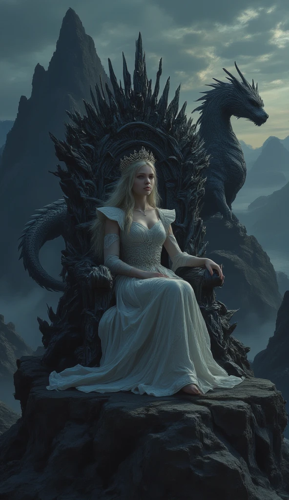 A dragon behind iron throne with a silver headed woman sitting on the throne
