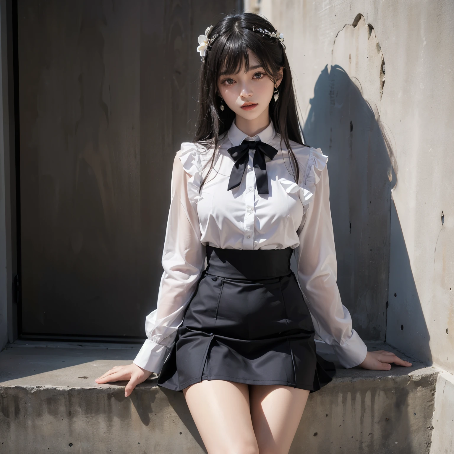 Sadako, (masutepiece, Best Quality:1.2), 8K, 85 mm, Official art, Raw photo, absurderes, A dark-haired, (Blue eyes, ta Fashion, sweetlolita, Gothic, Dress:1.2), Idol face, Upper body, Beautiful Girl, gardeniass, Copenhagen, Short sleeve, Elegance, Sophisticated, gardenia, Looking at Viewer, Film grain, chromatic abberation, Sharp Focus, face lights, Dynamic lighting, Cinematic lighting,(( red blush、embarassed expression, Look away、Looking down in embarrassment:1.2))、(((tucking up the skirt、White panties are visible、Sujiman、slit)))、, dead body, gray skin, dead eyes, dead, zombie girl, zombie skin, naked, NSFW, ghost, scary, blood