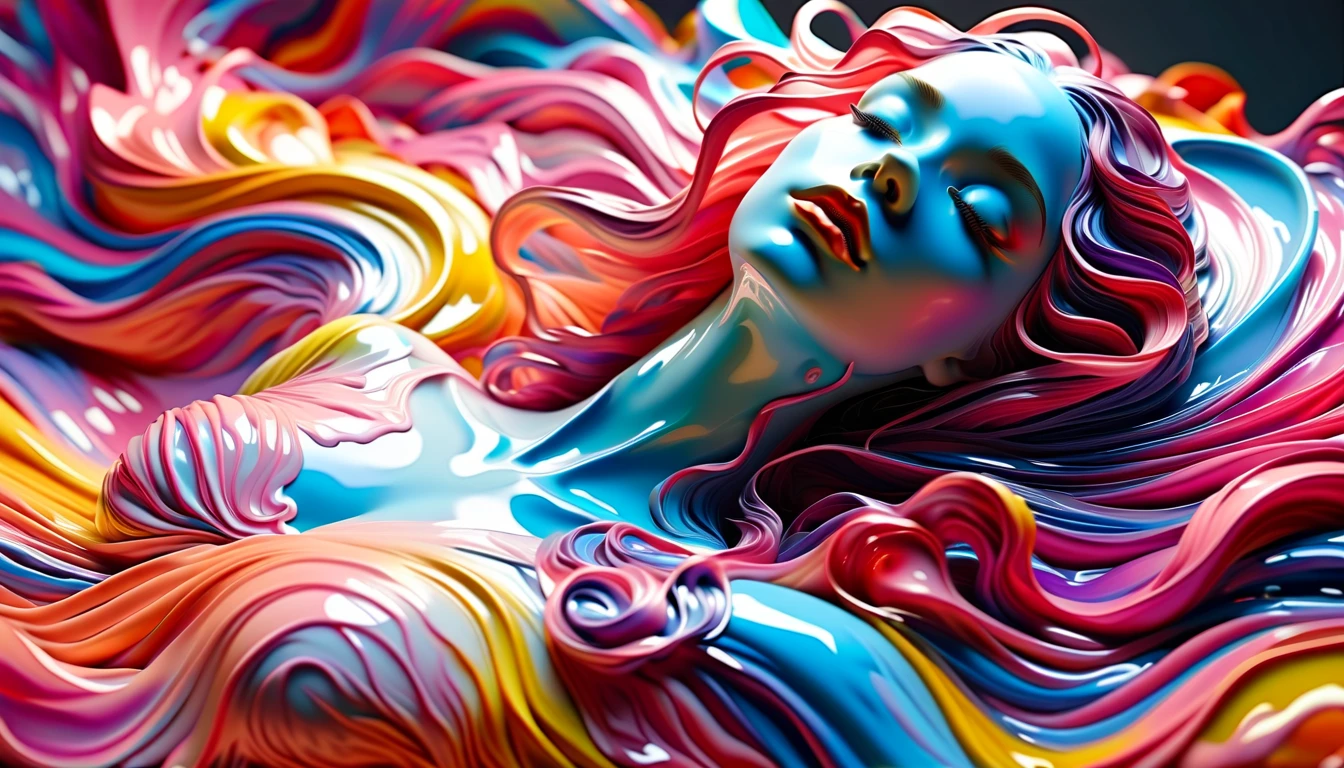 Neon coral, mannequin, thick ink oil, that runs through a polluted foggy, brutalist expressionism house, Stanislaw Szukalski, Moebius, peter elson, Alex prager, ray tracing, anaglyph, pov, anatomically correct, award winning