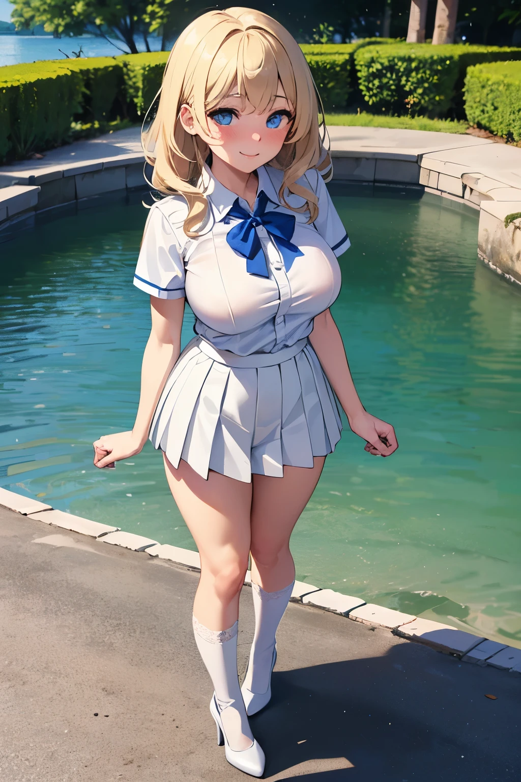 Best quality, full body focus, full body shot, perfect face, soft light, ultra high res, 8k, Masterpiece, , , view the viewer, full body , Front view, (1girl:li:0.9), , Cute face, (blue eyes:1.5), (Light Blonde wavy Medium hair, Bangs), beautiful (Big breasts:1.3), , Beautiful boob, Beautiful finger, Beautiful hands, Beautiful arms, Beautiful feet, Beautiful legs, (high resolution detail of human skin texture) , ((white Short sleeves collared shirt, white pleated skirt, knee-high socks, white with lace trim, white pin high heels)), , Summer, lake Side,, , (( standing, , smiling, nose blush) , )) , ,score_9, solo, no bra, no panties, ,