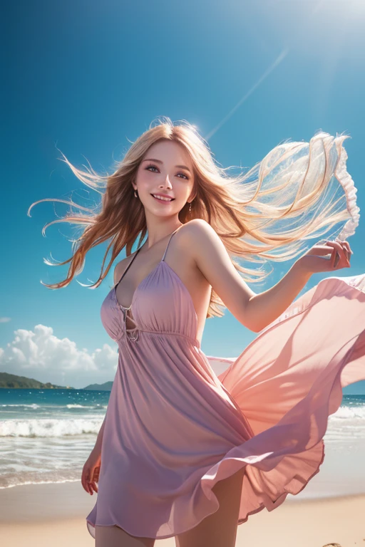 Happy woman standing, Looking out to sea with open arms on a sunny day, bela imagem, realistic and beautiful aesthetics, Sea of clean and crystal clear waters --auto