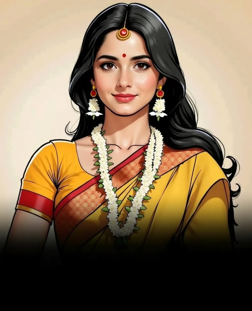 digital illustration of an indian 40 year old lady wearing simple white saree with red border, night bluish dark ambience, body shown upto hip