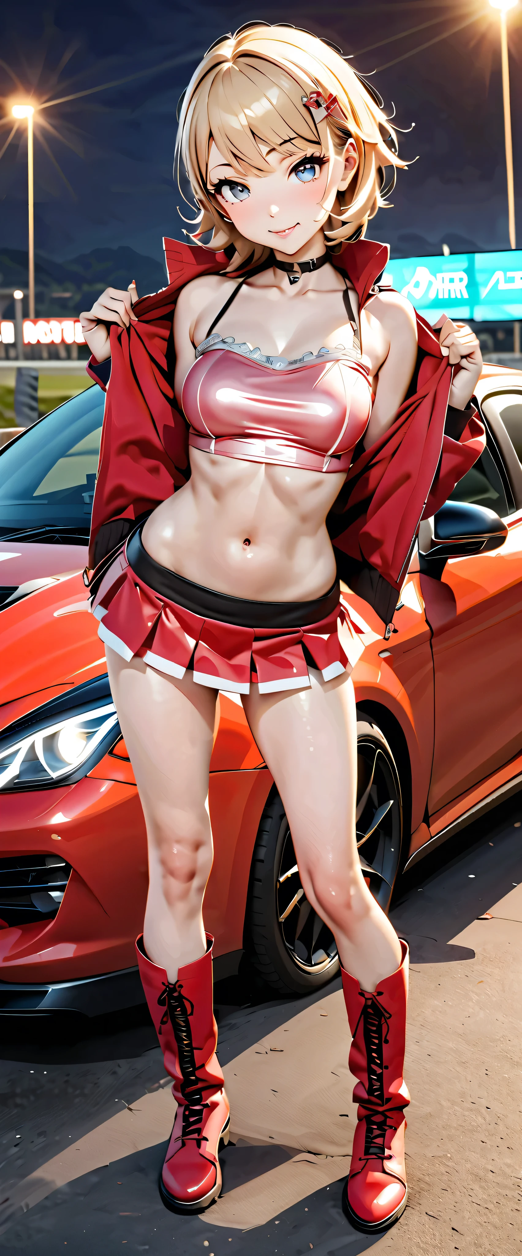 Top Quality, Ultra High Resolution, 1 person, small breasts, black chokers, smile, Expose your shoulders, just focus , Viewer, white skin,Car Race Track, photon mapping to Viewer, Physically Based Rendering, RAW photo , very detailed background, K-pop idols , depth of field, hair ornaments close to the garden, detailed face, Glowing Skin, game cg,full body, shiny micro mini skirt , Shiny Microtube Top,shiny knee-length long boots , lace queen with her ,Big Breasts, cute pose , tall and low sports cars,Please hold the jacket ,Gloss Lip,