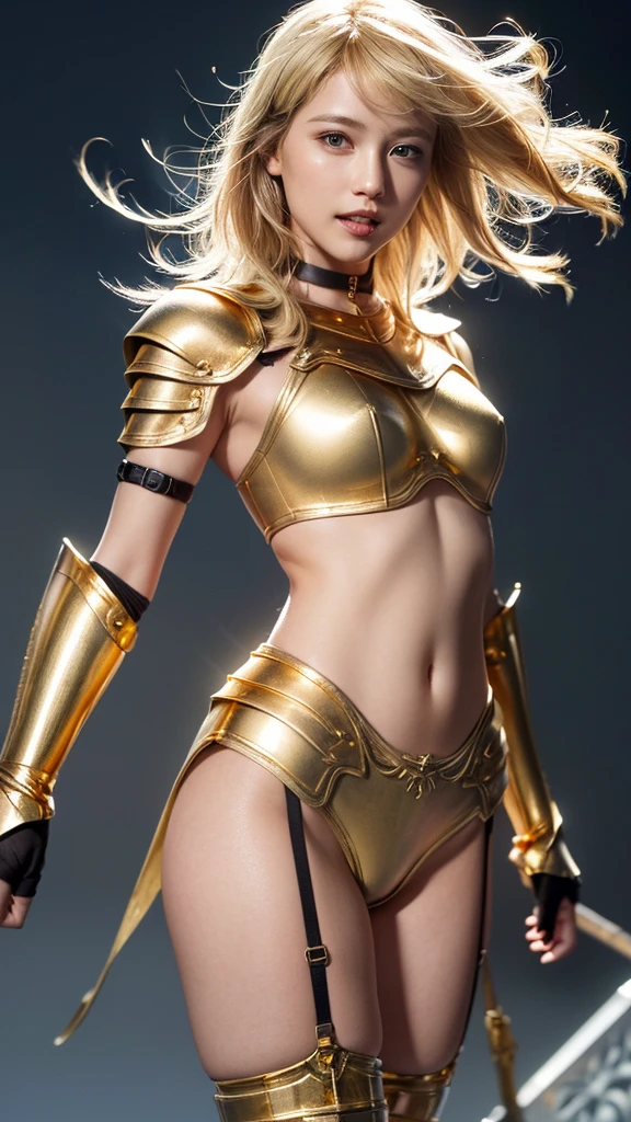 Sexy female warrior with transparent golden crystal armor and a crystal sword, uncovered body, round ass, big breasts
