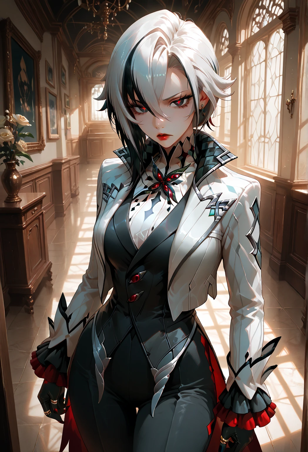 masterpiece, best quality ,ultra-detailed, very detailed illustrations, extremely detailed, intricate details, highres, super complex details, extremely detailed 8k cg wallpaper, monochrome, black and white picture, caustics, reflection, ray tracing,1girl, super detailed face, Extremely detailed eyes, beautiful eyes, highres eyes, solo, white hair, black hair, multicolored hair, black eyes, x-shaped pupils, gloves, arle_suit, upper body, seductive smile, jewelry, looking_at_viewer, signature, solo, standing, unbuttoned clothes, breasts, holding whip, (dark room:1.4), low light, moonlight dark, night,  (at the centre of picture:1.2)