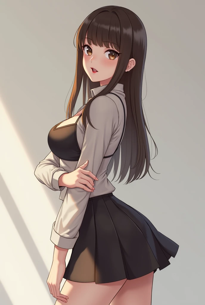 Anime style girl with brown hair wearing a black sweater with bare shoulders, long hair, black skirt, light pink cheeks, anime style, who has her hands on her head back and smiles and who has big breasts, long hair.