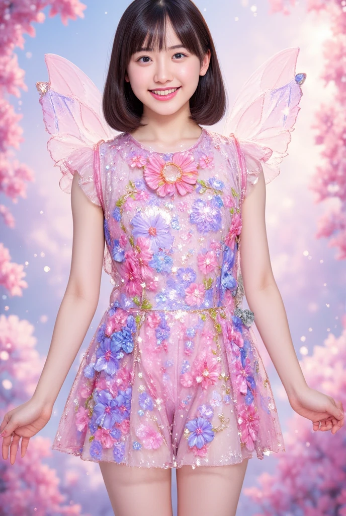 with fairy wings in the sunlit flower garden