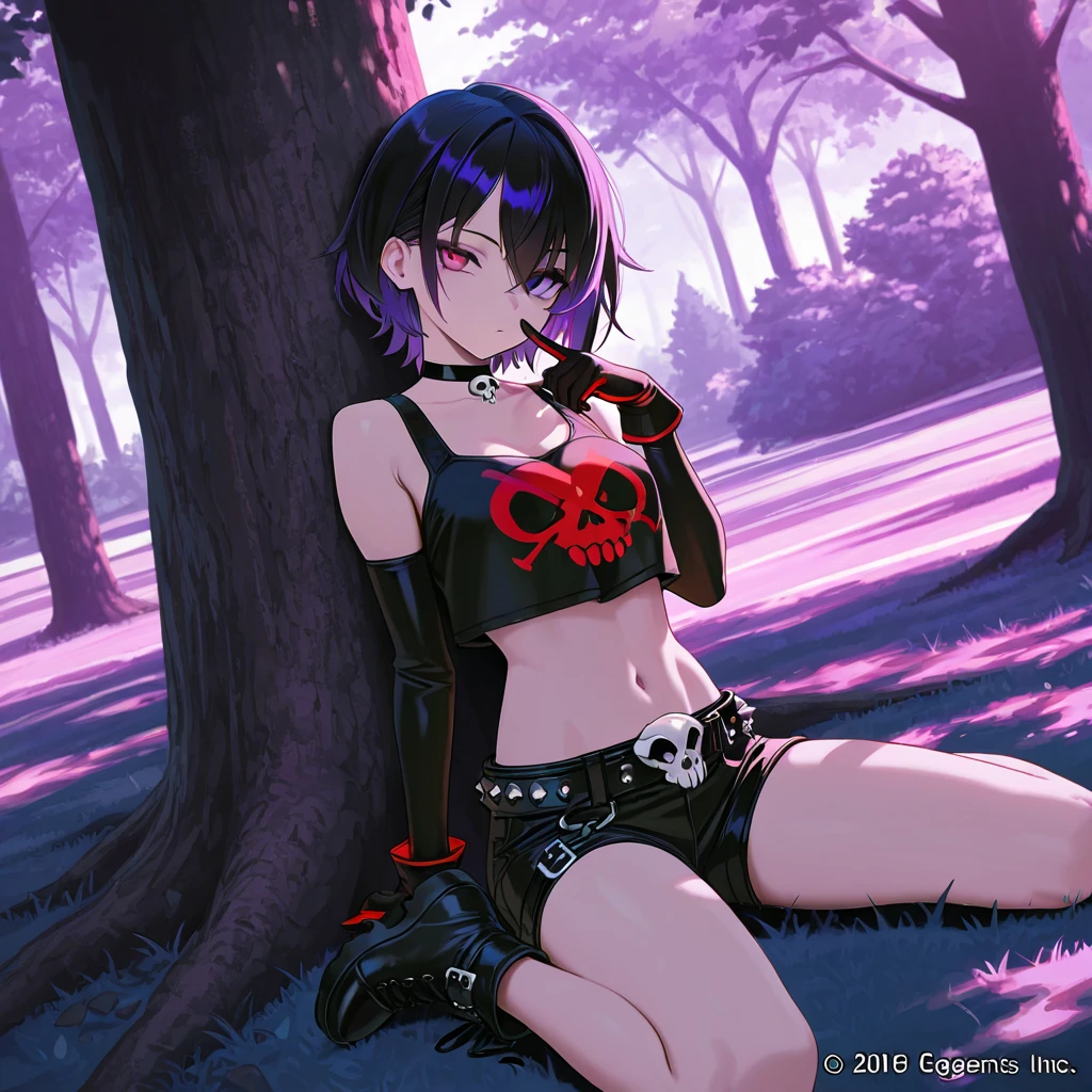 score_9, score_8_up, score_7_up, score_6_up, score_5_up, score_4_up, highest_quality, masterpiece, elf, elf boy, large elf ears, black hair, blue eyes, male, trap, ponytail, goth, black lipstick, black crop-trop t-shirt, skull logo on shirt, denim shorts, shorts pulled down, black thigh high socks, androgynous, feminine male, femboy, girly, in dense forest, night time, full moon, foggy, sweaty, flirty expression, high rise thong, against tree