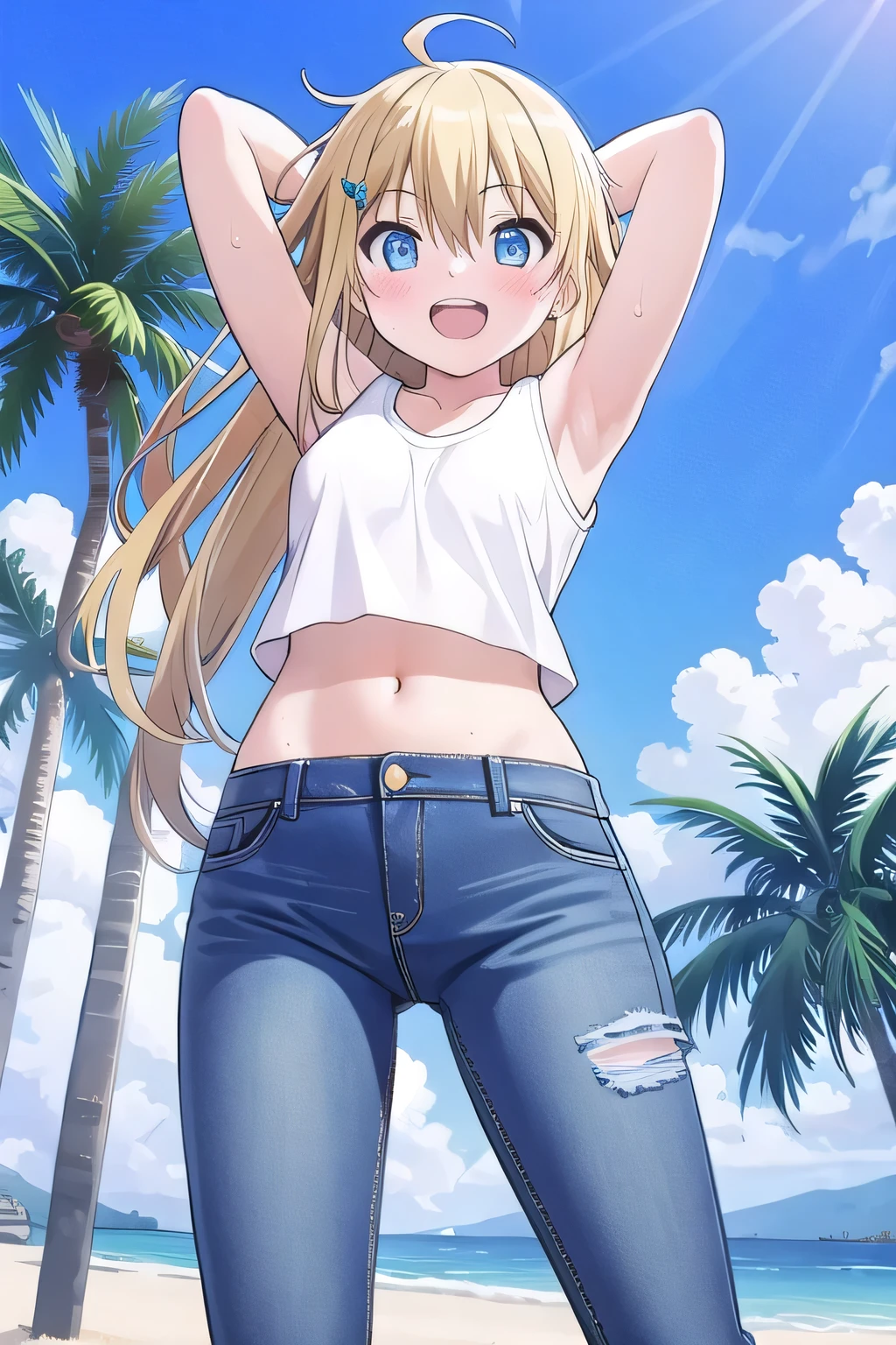 masterpiece,best quality,ultra detail, ((Perfect Face, Perfect Arms, Perfect hands, Perfect Fingers)), 1girl, 14yo, petite, ((round face, ecstasy, orgasm face, drooping eyes, shame smiling, blush)), dropping eyes, sleepy, Open mouth, ((White teeth)), background((under the beach, (day:1.2), palm tree, bright sky)), miku hatsune, ahoge, aqua eyes, (blonde hair:1.4), crossed bangs, hair between eyes, hair ornament, (long hair:1.4), (messy hair:1.7), ((arms behind head, hands behind head, fingers behind head)), ((contrapposto)), spread armpits, looking at viewer,, (white tank top:1.2), (white crop top:1.2), (jeans pants:1.2, flares jeans:1.2, skinny jeans:1.2, blue jeans:1.2), standing, (legs spread:1.4), sex pose, Sweaty crotch, Steam from the crotch, from below, whole body