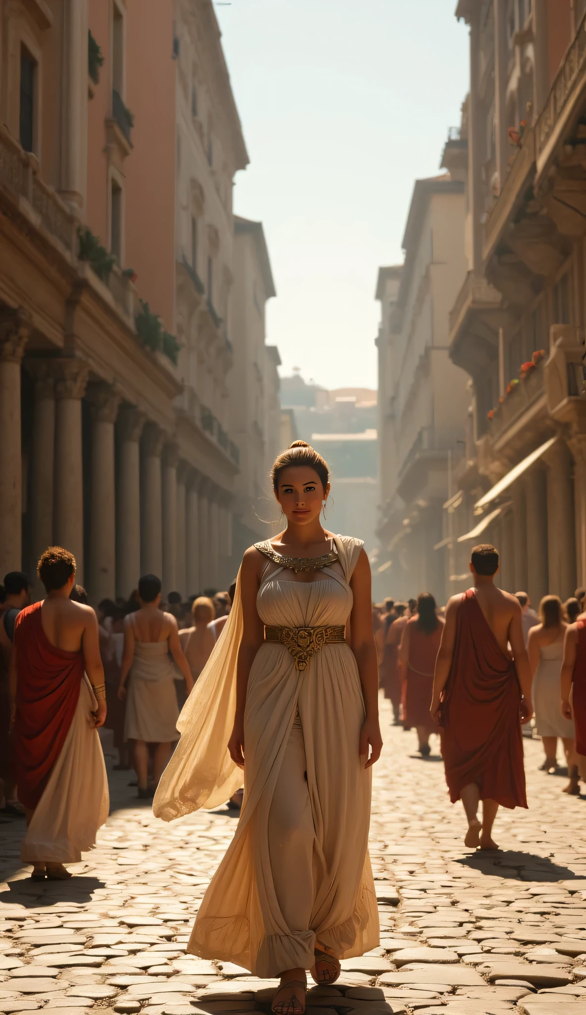 **ancient rome:** Imagine a breathtaking wide-angle panoramic track shot scene set in ancient Rome during the Antiquity Age. Create a visually stunning representation of the ancient crowdy city's grandeur, highlighting historically accurate insulae — the iconic apartment buildings of the time. In the foreground, showcase a beautifully depicted Roman woman, elegantly styled in a traditional toga gown, gliding gracefully through bustling crowdy streets. Focus on the intricate designs of her attire and the rich textures that surround her, including cobblestones ancient rome apartment buildings and detailed architecture. Capture the cinematic essence of a sunlit day, playing with light and shadow to bring the scene to life. Ensure a shallow depth of field, drawing attention to the joy and significance in her expressive eyes. Utilize ultra-realistic Octane 3D rendering techniques, inspired by the artistic style of Far Cry 5, to enhance the overall aesthetic quality of this historical moment, immersing viewers in the vibrant atmosphere of ancient Rome tall buildings.High Resolution,