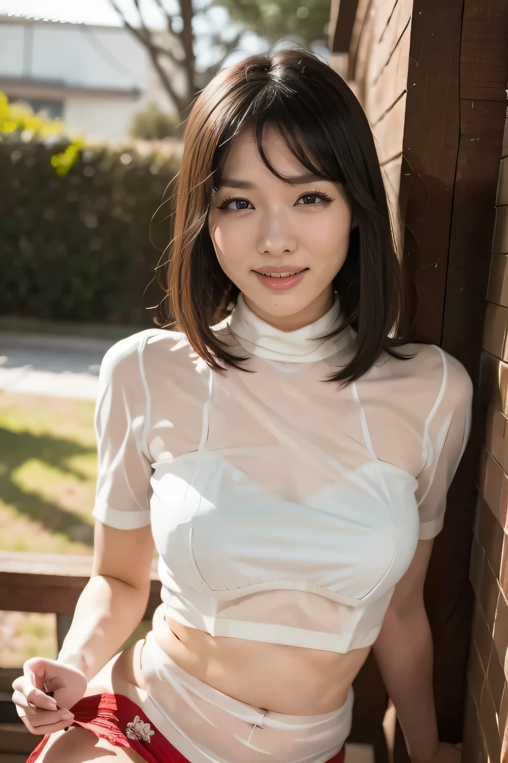 {{Top Quality}}, {{Masterpiece}}, Very delicate and beautiful, 8k wallpaper, Amazing, Great detail, Highly detailed wallpaper, Realistic, Full front, Outdoor,, {One girl: 18 years old: Smiling},{{Big double eyelids,, mascara,, long eyelashes: lipstick}},, {{Protruding breasts}}, {White turtleneck shirt: See-through: Red bra}}, {White mini skirt}}, Light contrast, {{Sitting on bench: 2}}