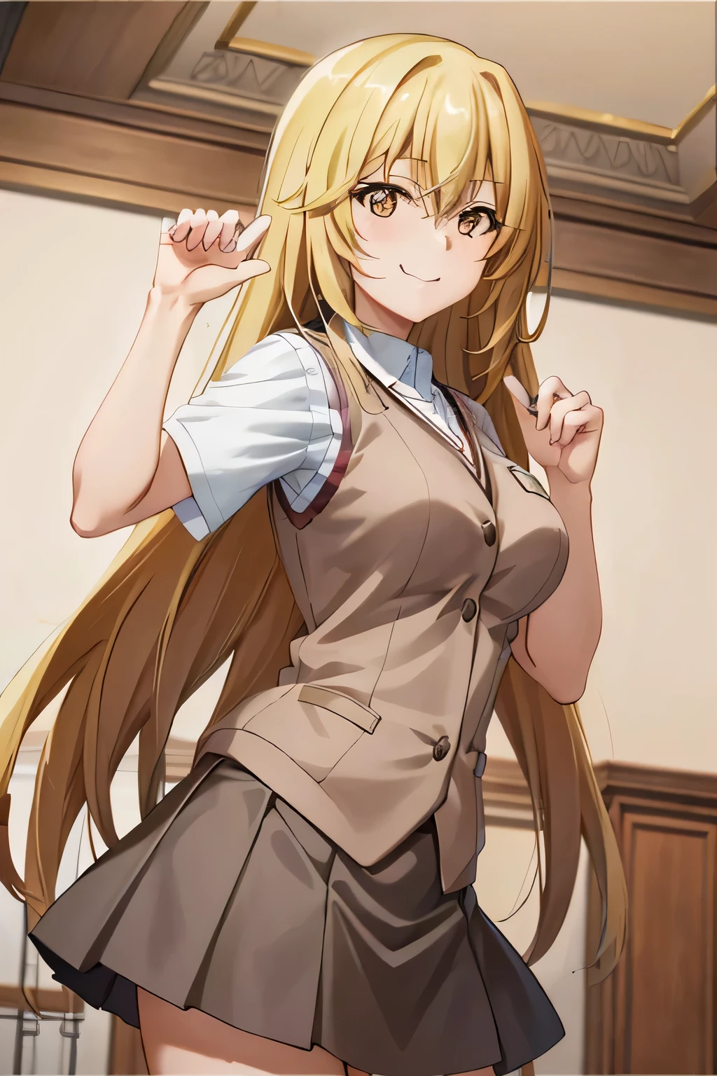 1girl, shokuhou_misaki, amber straight hair, black brown eyes, tokiwadai school uniform, vest, radiant grace smile, her finger on her chin, Glamorous ballroom:1.2(extremely detailed, masterpiece, high resolution, absurdres,4K)