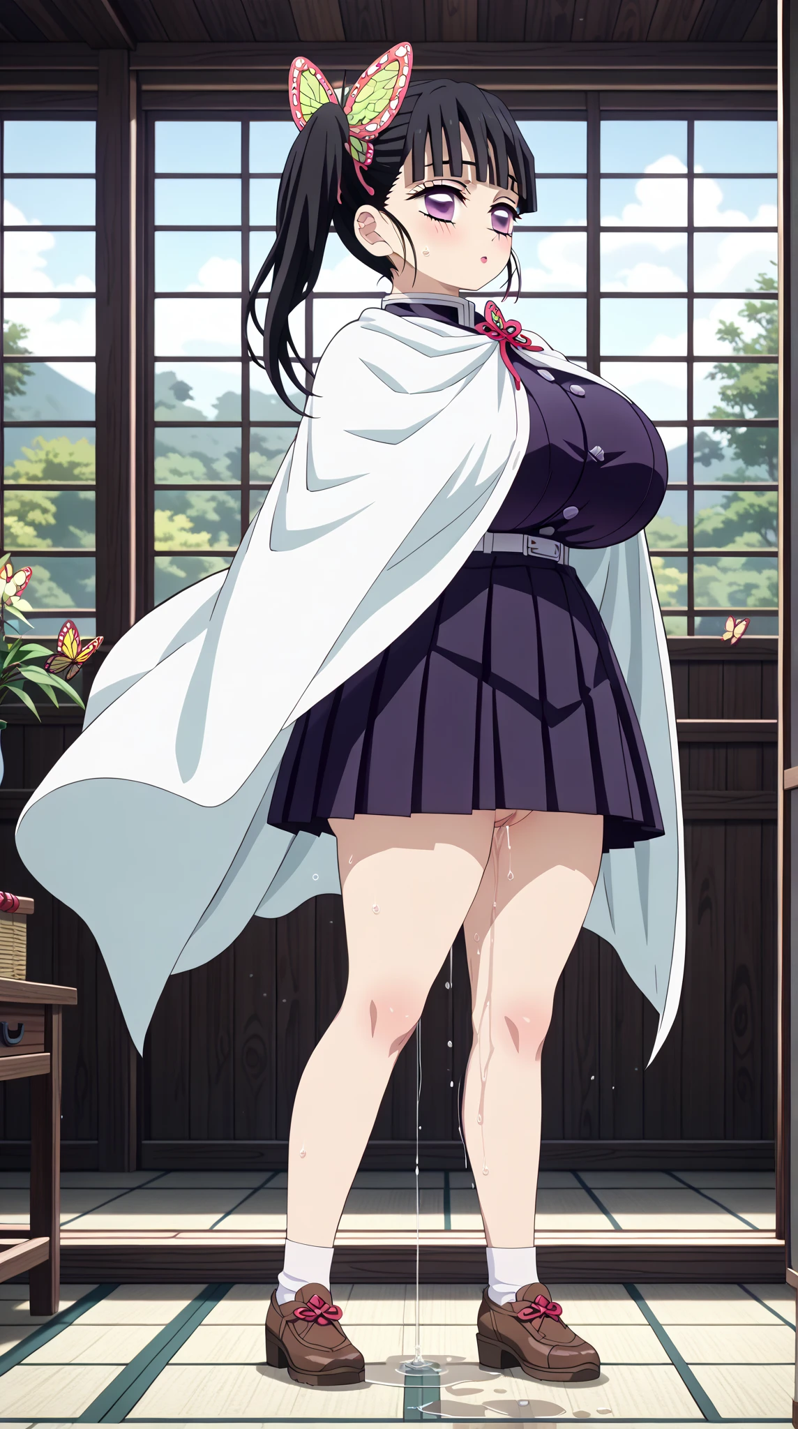 (masterpiece:1.37), best quality, (extremely detailed:1.37), (1girl:1.5), woman, (mature:1.5), (adult:1.5), large breasts, very long hair, (straight hair:1.5), (very dark purple hair:1.5), purple eyes, (extremely detailed eyes:1.37), (furisode:2.0), desperation, (wetting self:2.0), standing, embarrassed, humiliation, blushing, angry, cherry blossoms, garden, (golden hour:1.5), full body