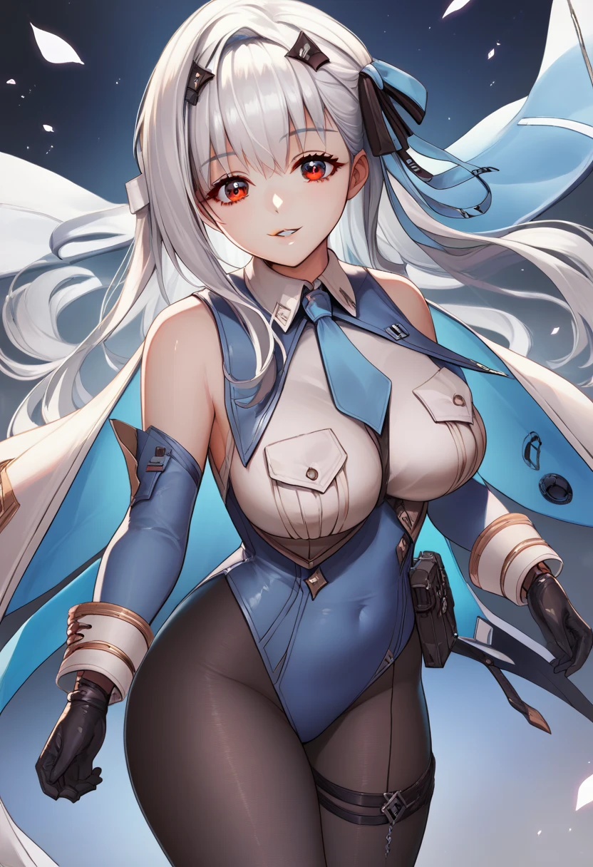 highest quality)), ((masterpiece)),Perfect Face((highest quality))cute,beautiful girl,Pure white hair,bangs,Medium Hair、blue eyes.Alone,smile,Cute, Short Hair、Beautiful eyes,healthy body、Beautiful breasts、8K、wallpaper、belt、Pale military uniform、mini skirt、beret、Chest Band、Rib Band、Blue Mecha LANCE((Lefthand))、Brass knuckles((Lighthand))、(backunit)6 White Cannons