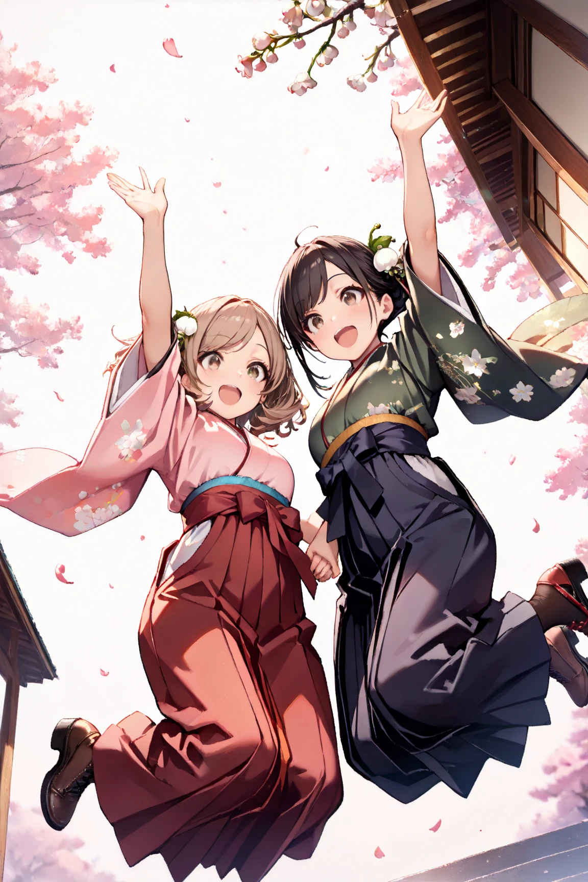 (masterpiece:1.2), (best quality:1.2), (very aesthetic:1.2), (absurdres:1.2), ultra-detailed,extremely detailed,beautiful,extremely detailed CG,ultra detailed background, 8k,16k,perfect hair, perfect fingers,
BREAK,
2 girls,beautiful,jumping,holding hands,
BREAK,
a girl wearing navy hakama,light pink furisode with cherry blossoms pattern,black hair, ,swept bangs,brown eyes,chignon,white Lily of the Valley hair ornament,arms up,black lace up heeled longboots,smiling,opening mouth,
BREAK,
another girl wearing red hakama,dark green furisode with white floral pattern,light brown hair,parted bangs,long braided hair,white peony hair ornament,brown eyes,arms up,dark brown lace up heeled longboots,smiling,opening mouth
BREAK,
white sky,traditional old blick building background,from below, backlighting,glittering, particles of light,cherry blossoms petals,cherry blossoms, depth of field,lens flare,pastel tone,spring atmosphere,