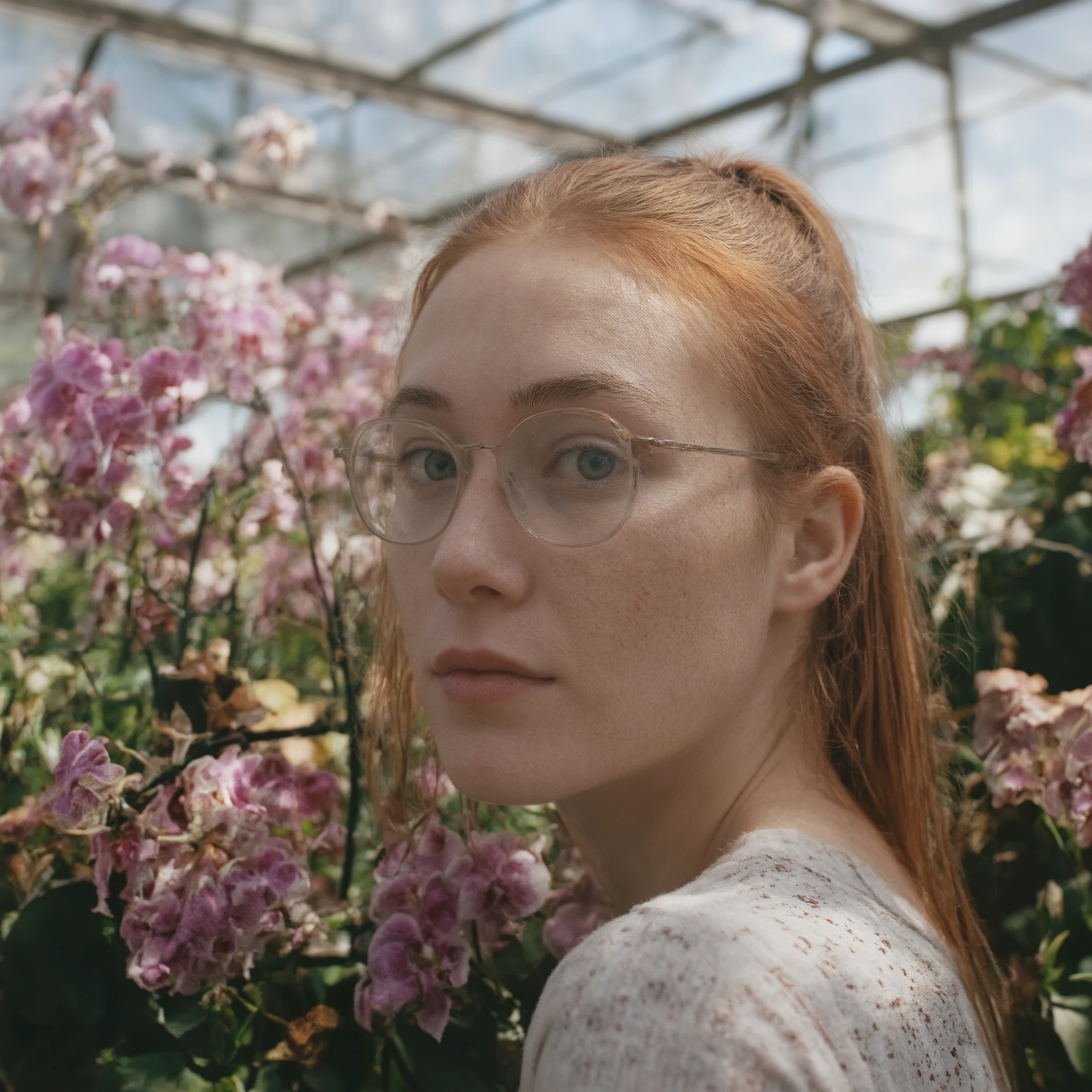 Professional photographic shot of a young 18-year-old woman with fair skin, fiery red hair tied in a sleek middle-parted ponytail. She wears round, thin-framed eyeglasses resting delicately on her nose. Her face is softly illuminated by natural sunlight filtering through the glass panes of an orchid greenhouse, with rays of light casting gentle highlights across her freckles and round cheeks. Her wide, green eyes are fixed on the viewer, with a slightly startled expression — a mix of curiosity and vulnerability. The background is a lush orquidário, brimming with vibrant orchids in shades of purple, pink, and white, artfully blurred to create a cinematic depth of field. The greenhouse structure, with its glass panels and delicate metal frames, reflects the soft glow of the sun. Subsurface light scattering on her skin adds a lifelike touch, while the backlighting enhances the contours of her face and the delicate wisps of hair escaping her ponytail. The atmosphere is serene, yet intense, with a captivating balance of natural beauty and human emotion.