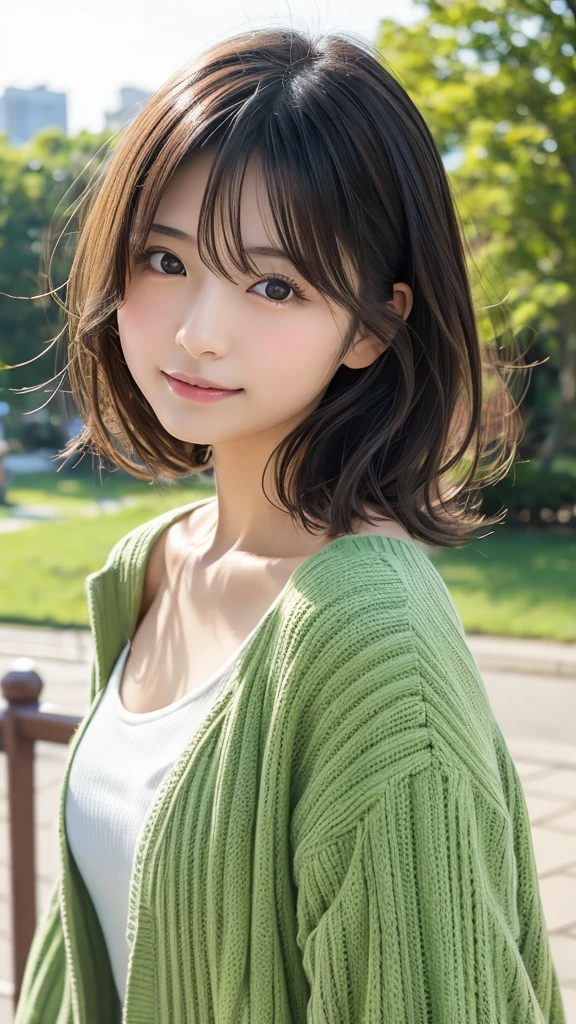(8k, RAW photo, best quality, masterpiece, ultra detailed:1.2),(realistic, photo-realistic:1.4), sharp focus, depth of field, blur background, bokeh, cinematic lighting, soft light, cute Japanese idol, (detailed skin: 1.2), pale skin, brown eyes, smiling, looking at viewer , dark green sweater, (upper body shot:1.2), simple cafe, coffee cup