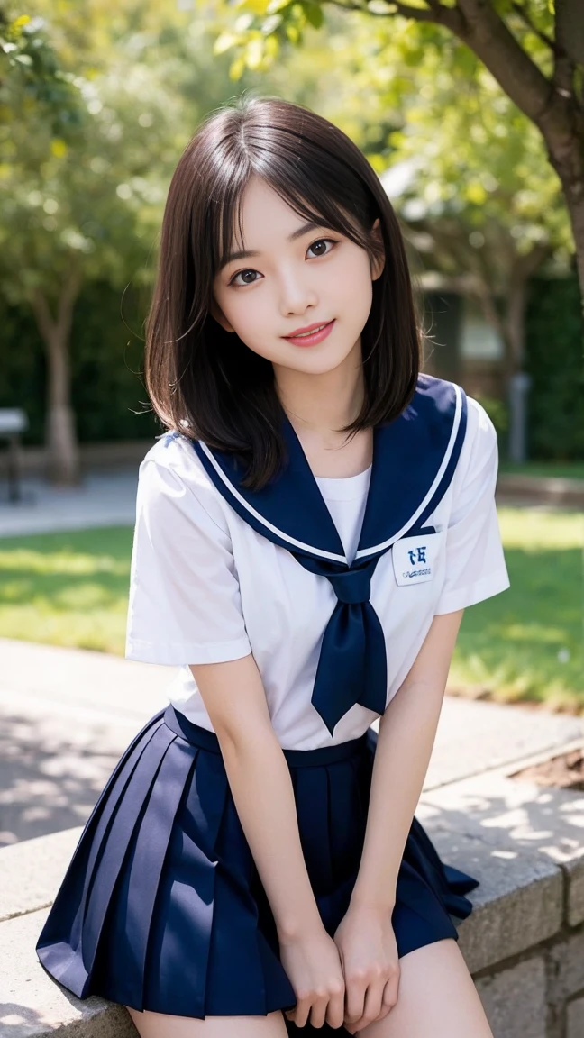 masutepiece, Best Quality, 8K, student, japanes、Teenw photo, award winning portrait, A smile, Solo, Idol face, violaceaess, gardeniass, Delicate girl, Upper body, Digital SLR, Looking at Viewer, Candid, Sophisticated, zora々Right, Thin arms, Professional Lighting, Film grain, chromatic abberation, (Eyes and faces with detailed:1.0), A dark-haired、drooing eyes、Japanese high school girl、(kawaii faces:1.2), dark brown eyes、eyes glowing eyes、Beautie、Charming、full body Esbian、(white shirt、Sailor School Uniform、Navy blue pleated skirt:1.5), hi-school girl、