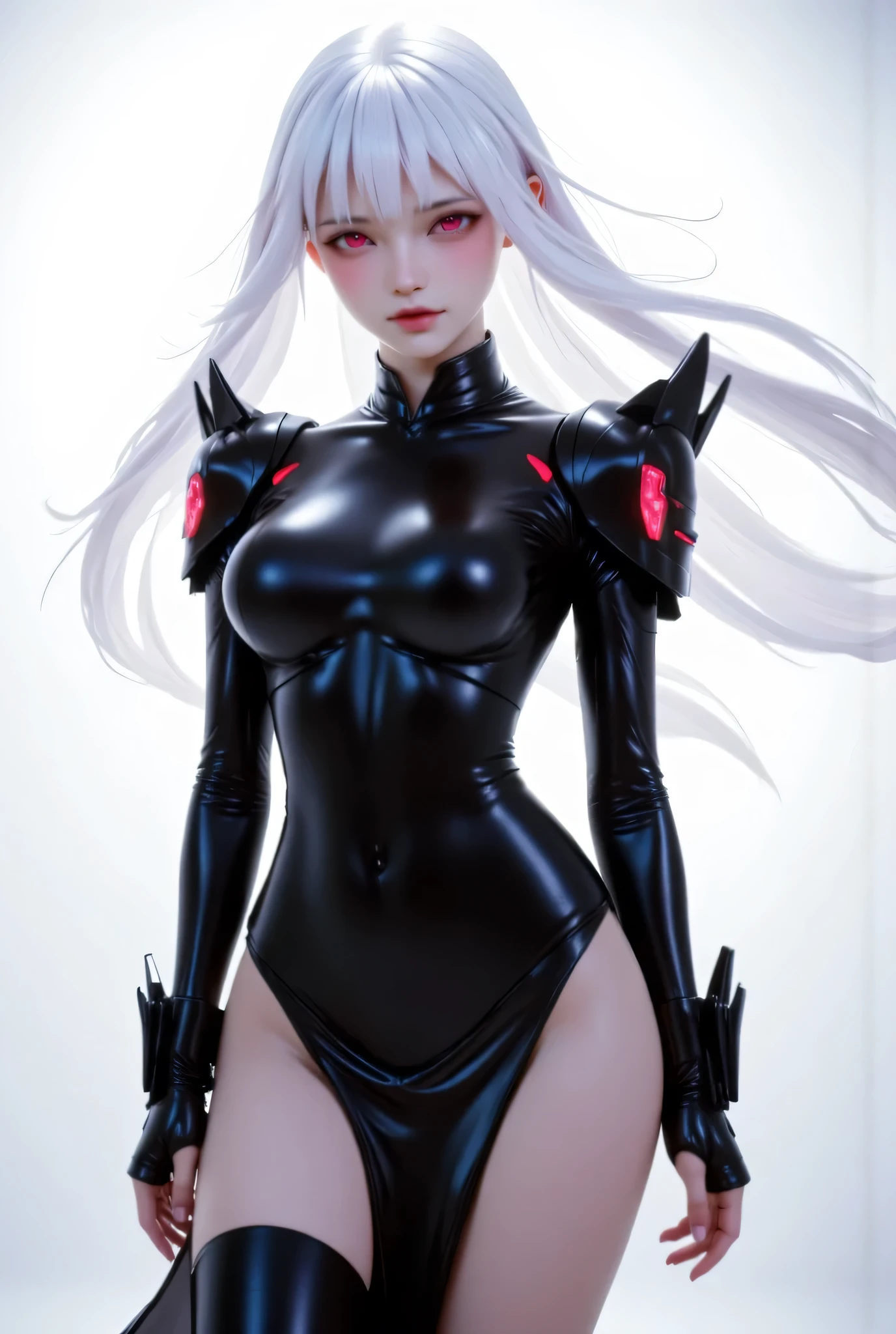 Create an anime-style character with long white hair and red eyes. The character is wearing a sleek black full bodysuit and long black sleek slit skirt on her lower body. Costume has dark red accents on the shoulders armor and red led on armor. The outfit has a modern design, featuring a high collar. The character has a confident stance, standing with hands relaxed, looking viewerThe background should be plain white to emphasize the character. the wind made her hair and flap of her skirt flutter. Cool, cold emotion. Ultra realistic wallpaper, HD quality