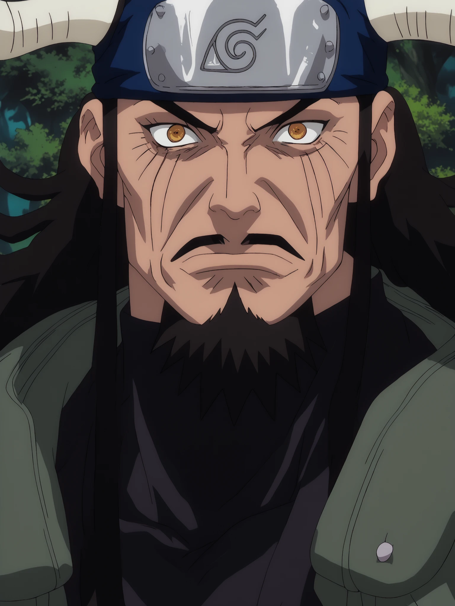 score_9, score_8_up, score_7_up, source_anime, rating_safe, KaidoOP, black_Kaido_facial hair, white_Kaido_horns, black_Kaido_hair, yellow_Kaido_eyes, 1boy, male focus, anime screencap, ((he wore a circlet on his forehead)).,, wearing a dark green Konoha flak jacket over a black long-sleeve shirt,, , standing in a forest,